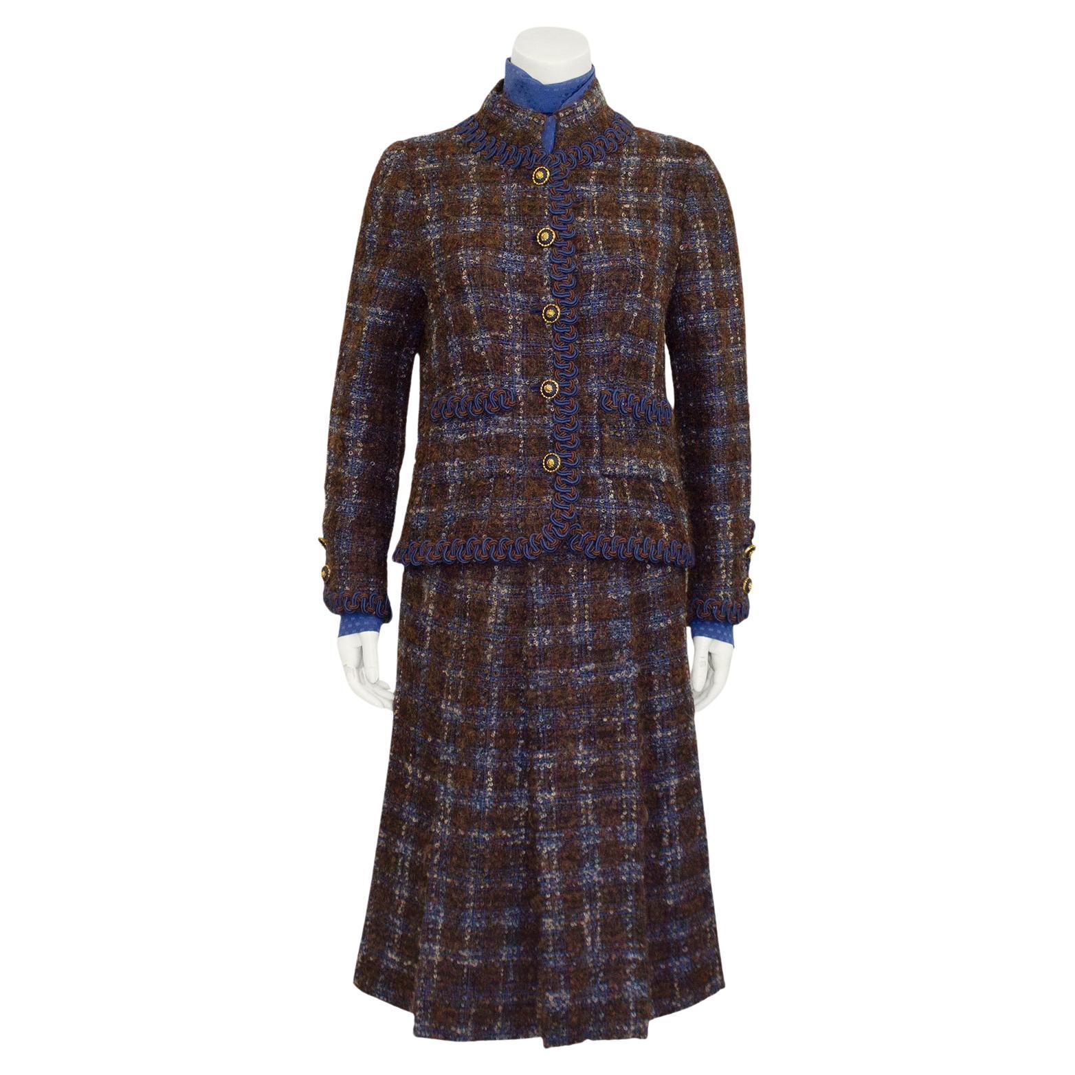 Black 1981 Chanel Haute Couture Blue and Brown Tweed 5 Piece Skirt Suit