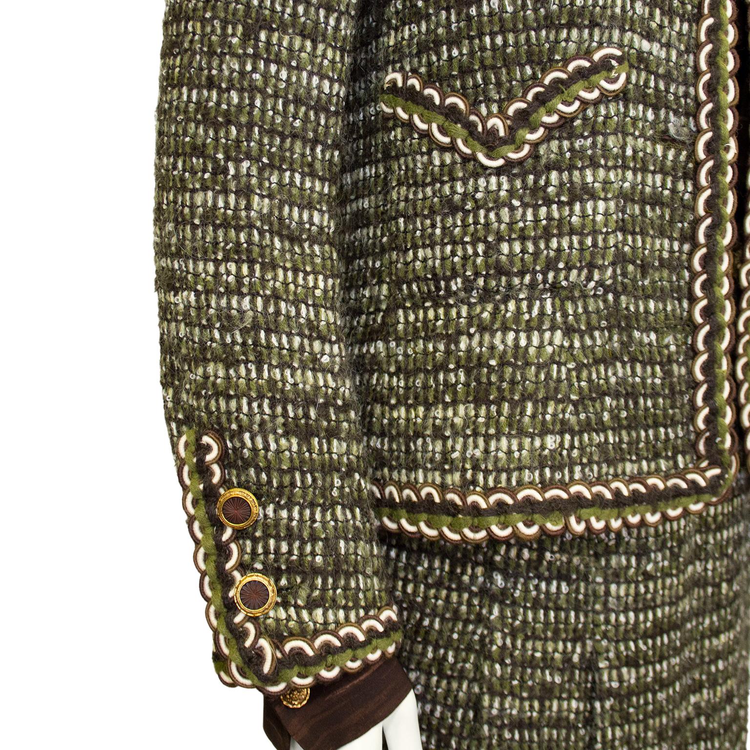 1981 Chanel Haute Couture Green and Brown Tweed 4 Piece Skirt Suit For Sale 2