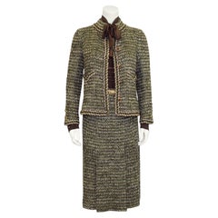 1981 Chanel Haute Couture Green and Brown Tweed 4 Piece Skirt Suit