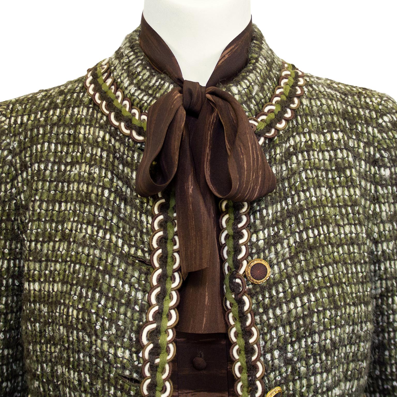 Women's 1981 Chanel Haute Couture Green and Brown Tweed 4 Piece Skirt Suit For Sale