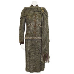 1981 Chanel Haute Couture Green and Brown Tweed 4 Piece Skirt Suit