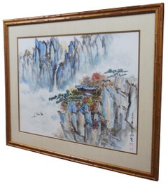 1981 Chinese Watercolor Mountain Pagoda Valley Landscape Painting