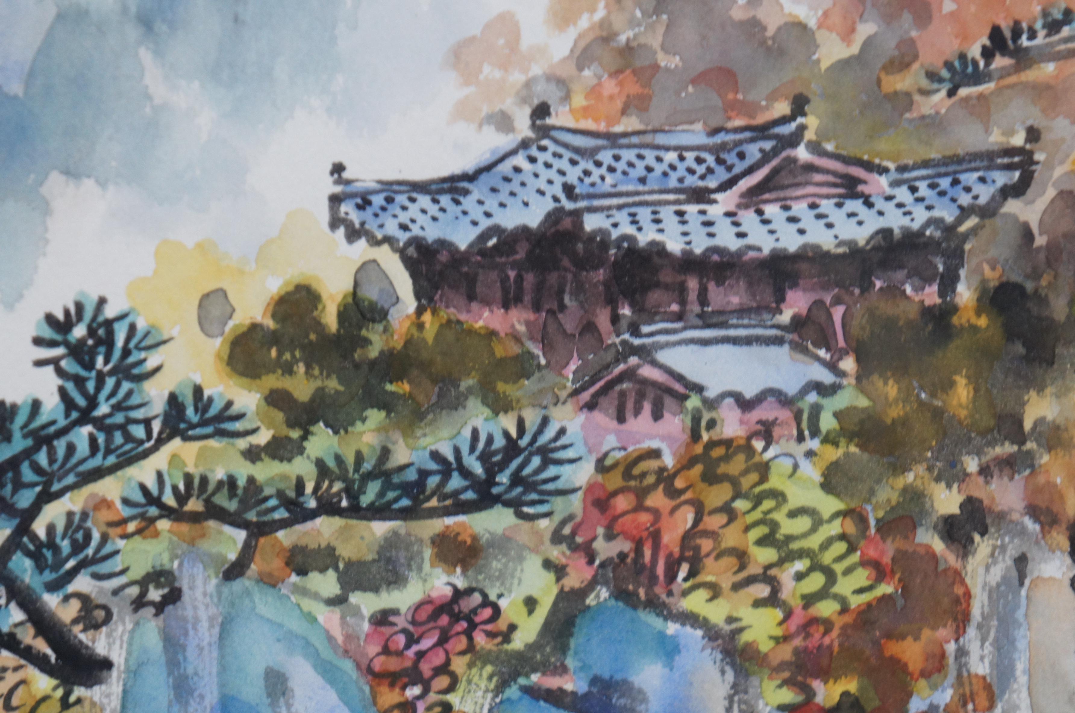 1981 Chinese Watercolor Mountain Pagoda Valley Landscape Painting 3