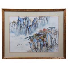 1981 Chinese Watercolor Mountain Pagoda Valley Landscape Painting