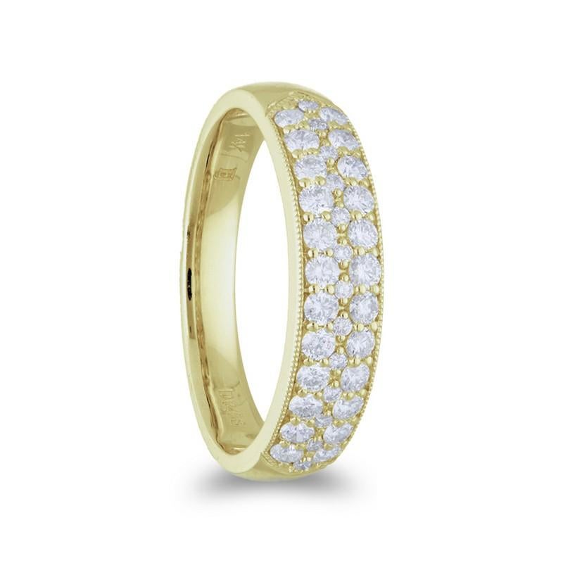 Diamonds: Thirty one meticulously selected round diamonds grace this wedding ring, each securely set in a classic prong setting to maximize their brilliance. The total carat weight of 0.85 carats ensures a captivating and enduring sparkle.

Gold