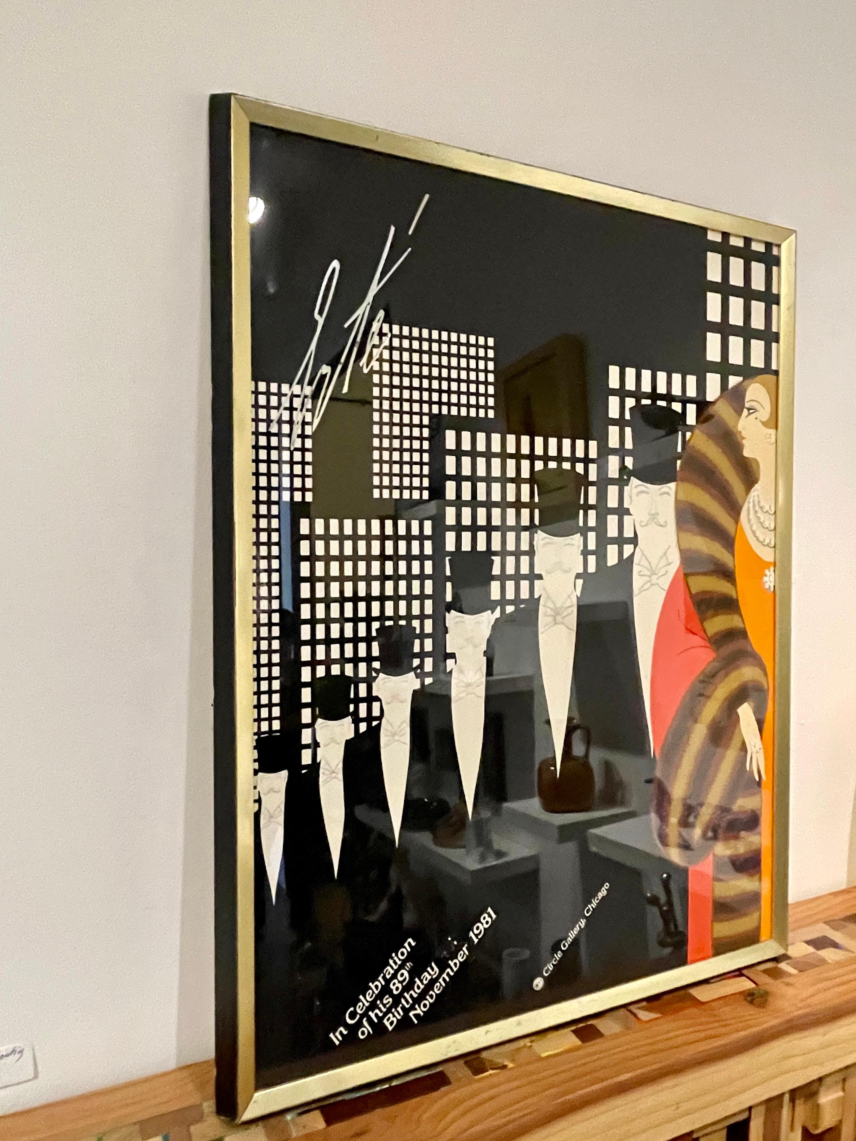 Beautiful and highly collectible framed poster by Erte circa 1981 for Circle Gallery in Chicago the wood frame with gold leaf edge its original with protective glass, some wear on the edge due to age.