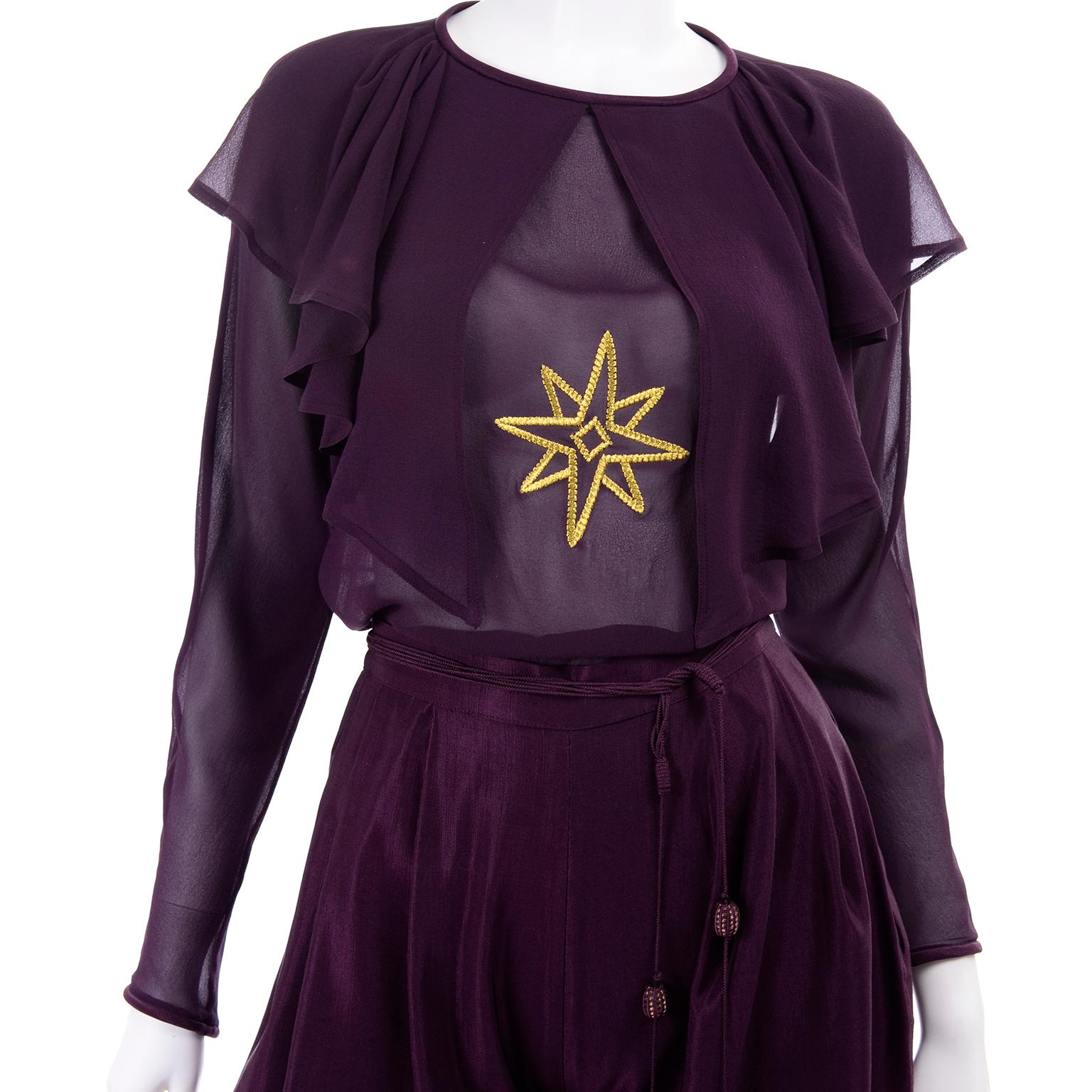 1981 Gianni Versace Vintage Purple Silk & Wool Jodhpurs & Star Chiffon Top 2