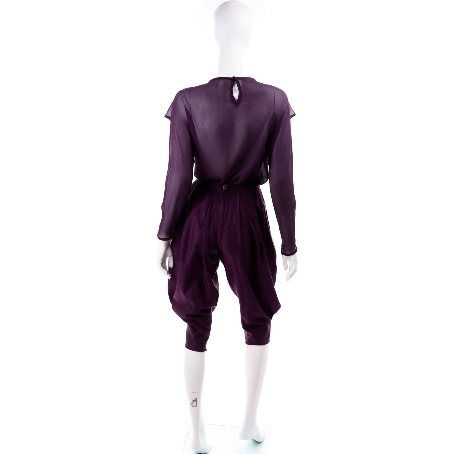 Black 1981 Gianni Versace Vintage Purple Silk & Wool Jodhpurs & Star Chiffon Top