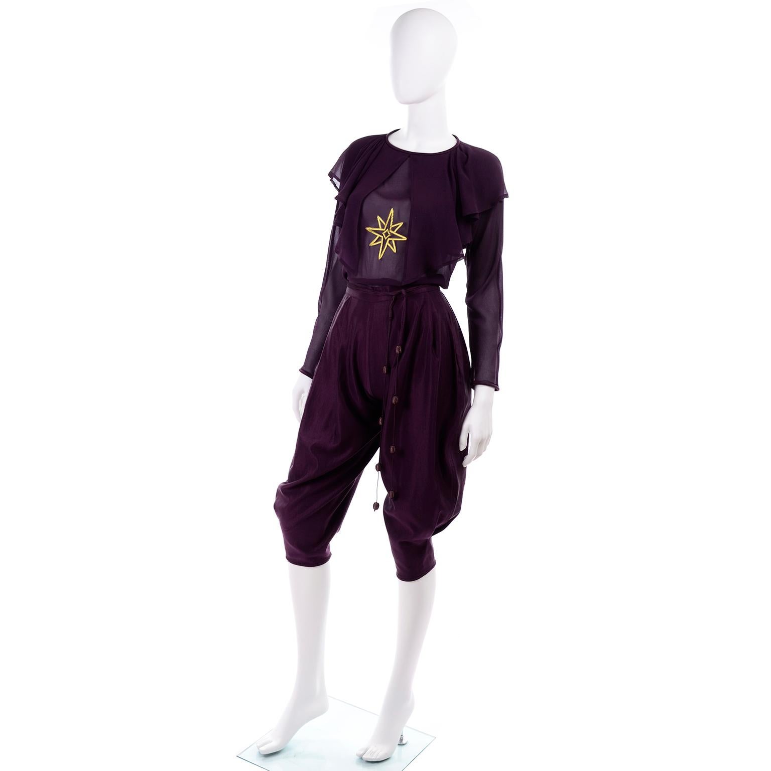 1981 Gianni Versace Vintage Purple Silk & Wool Jodhpurs & Star Chiffon Top In Excellent Condition In Portland, OR