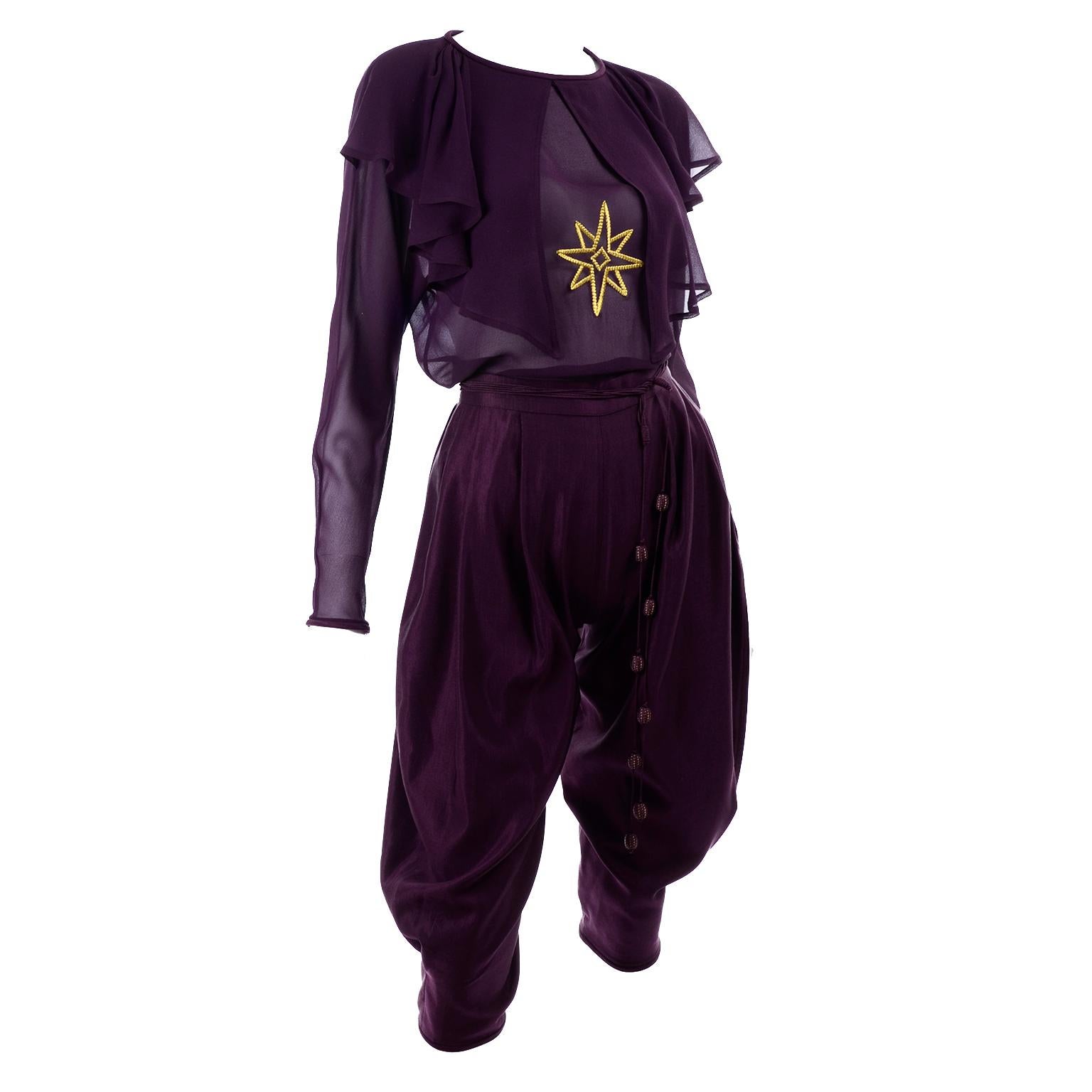 1981 Gianni Versace Vintage Purple Silk & Wool Jodhpurs & Star Chiffon Top 1