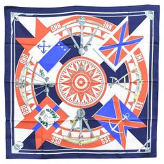 1981 Hermès Navy “Sextants” by Loïc Dubigeon 90cm Silk Twill Scarf