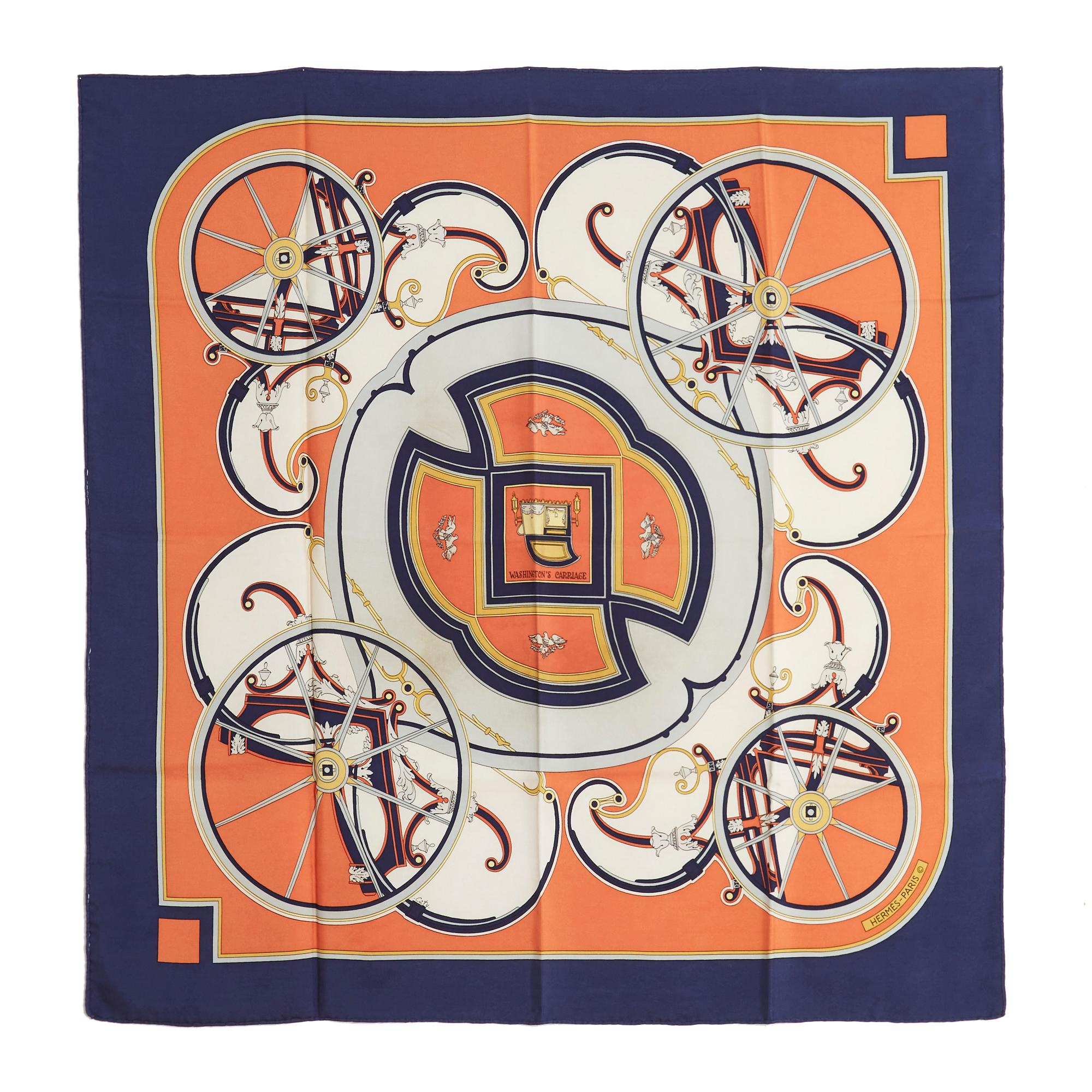 Hermès square 90 scarf in silk twill, Washington's Carriage pattern by Cathy Latham, published in 1979 and reissued in 1981, orange background (shrimp), navy blue edges. Width 90 cm x length 90 cm approximately. The square is vintage and it probably
