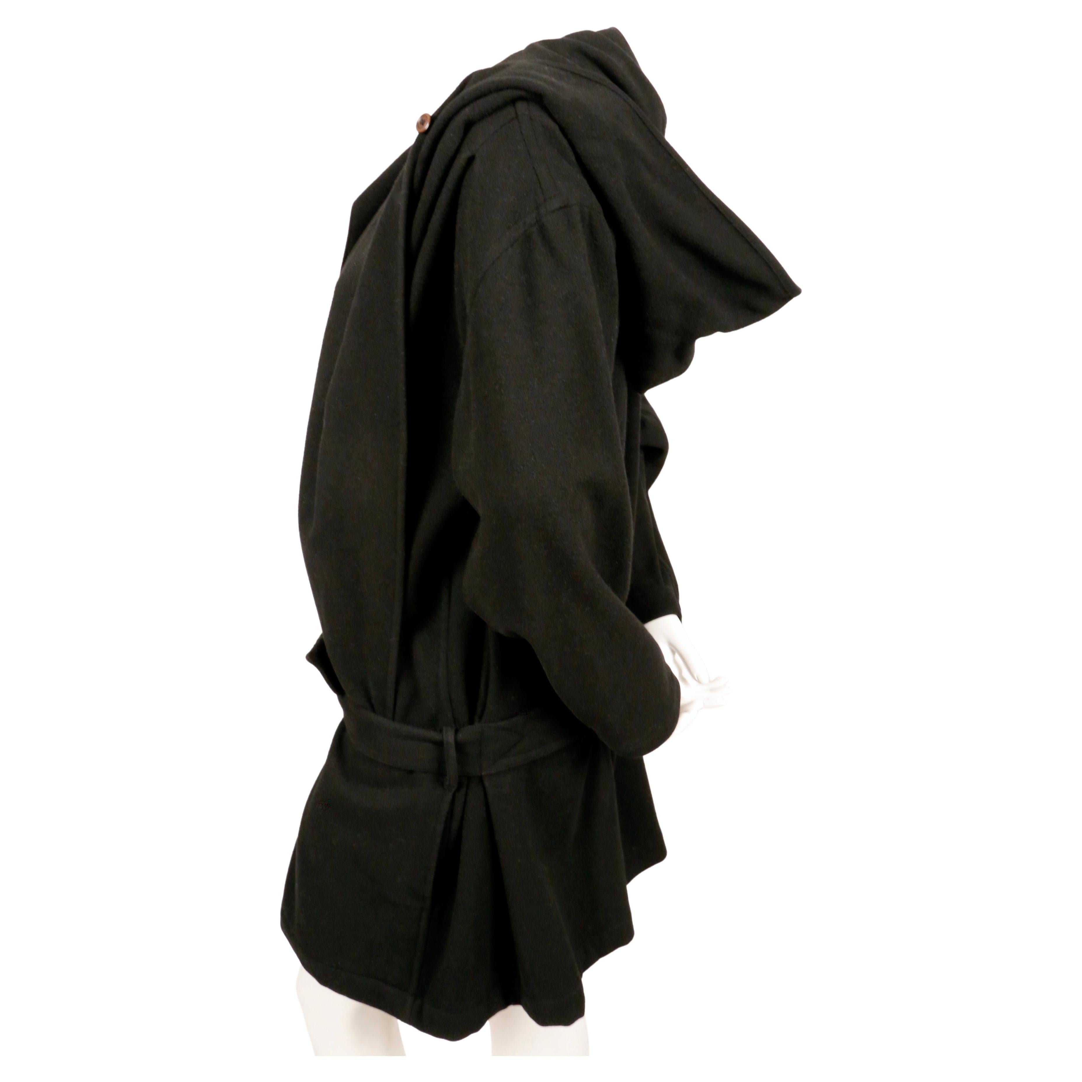 1981 ISSEY MIYAKE black wool draped wrap RUNWAY coat with hood In Good Condition For Sale In San Fransisco, CA