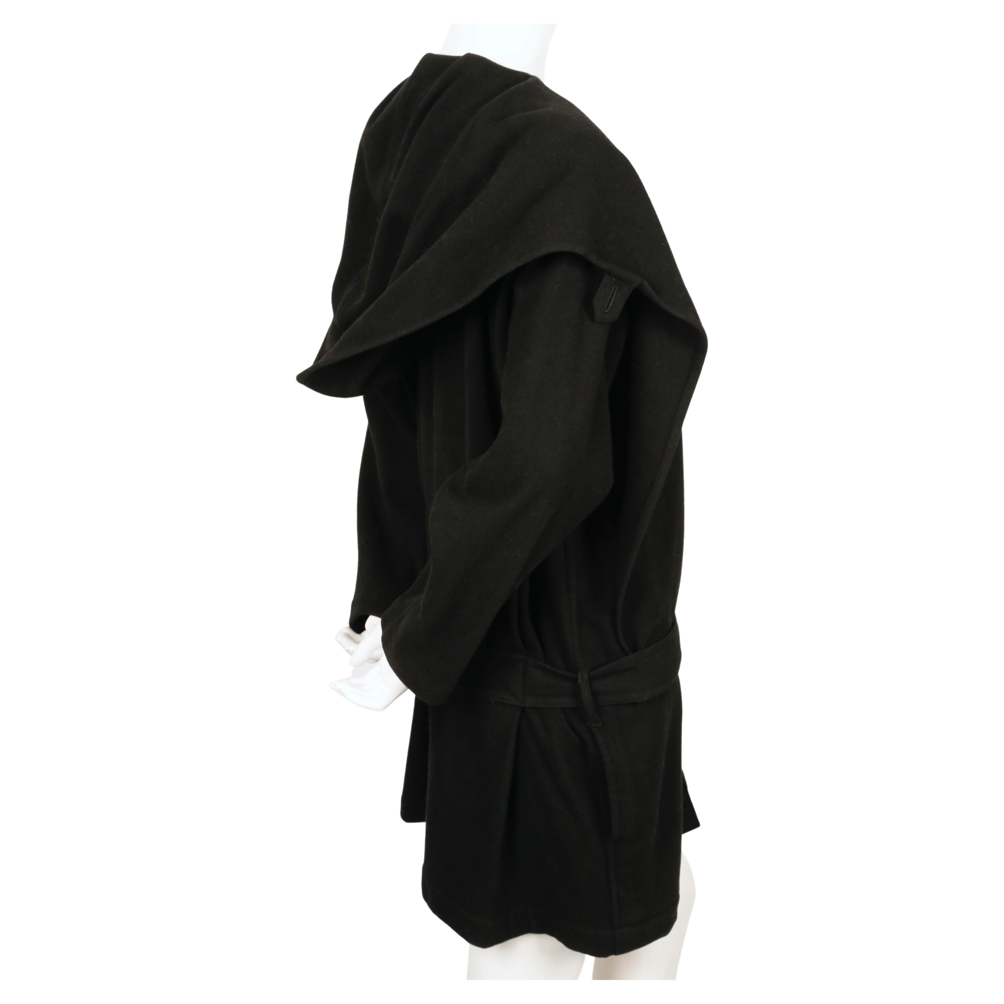 Women's or Men's 1981 ISSEY MIYAKE black wool draped wrap RUNWAY coat with hood For Sale