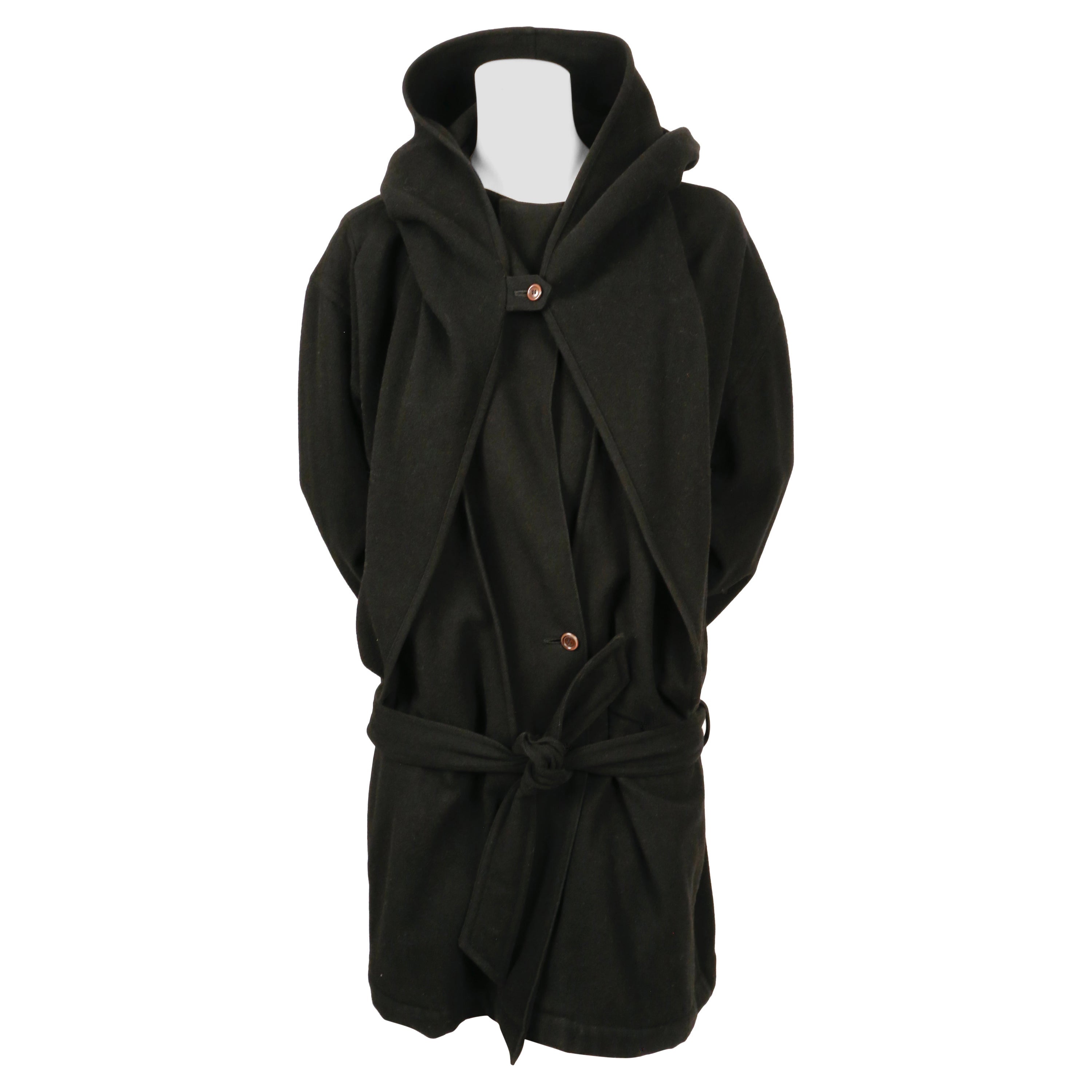 1981 ISSEY MIYAKE black wool draped wrap RUNWAY coat with hood For Sale
