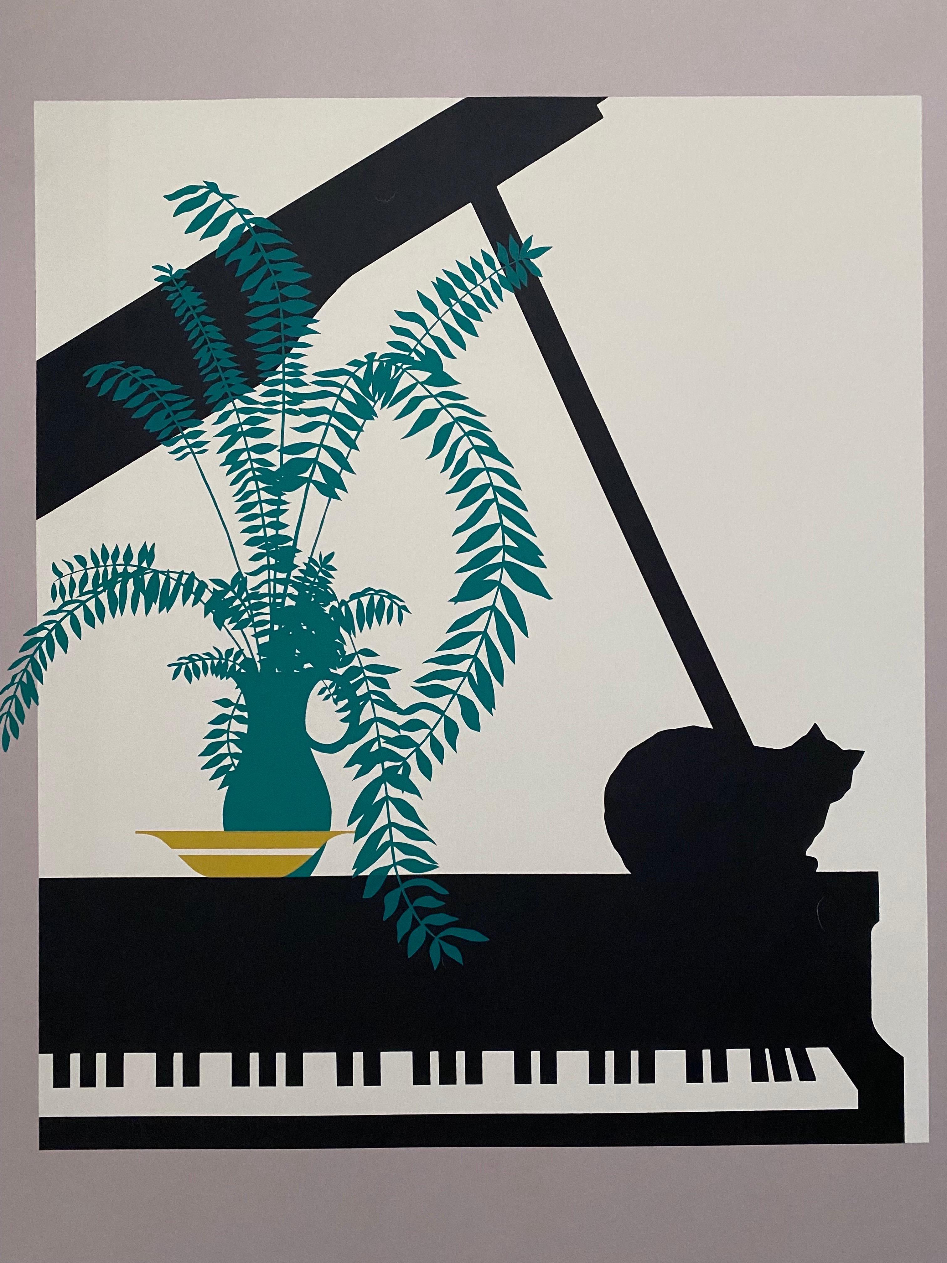 Beautiful silkscreen by American artist Jan V. Roy. This print depicts a cant resting on top of a piano with a fern in the background. Printed in France by 
