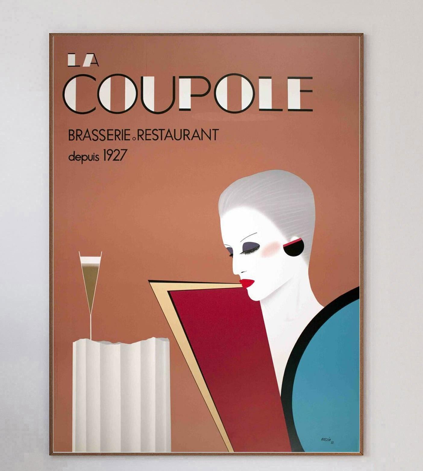 Created for the famous art deco brasserie in Paris, France, this beautiful poster by Razzia depicts a stylish woman with champagne. Razzia is best known for his collaborations with fashion houses such as Louis Vuitton, and this vibrant piece is