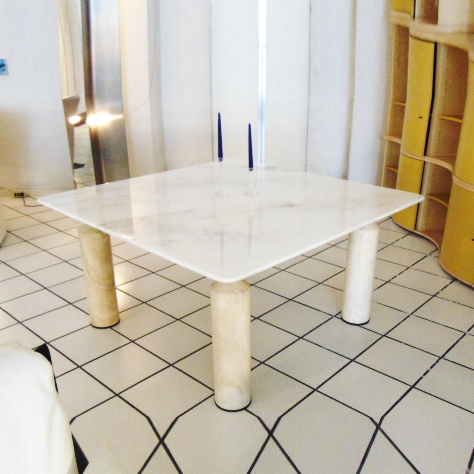 Mid-Century Modern 1981 Large Square Dining Table White Marble and Travertine, Sormani, Italy