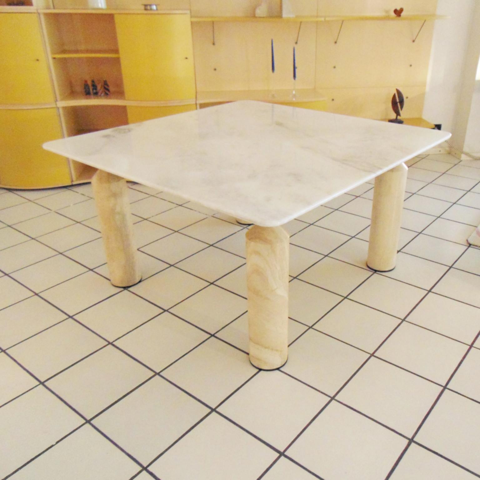 Italian 1981 Large Square Dining Table White Marble and Travertine, Sormani, Italy
