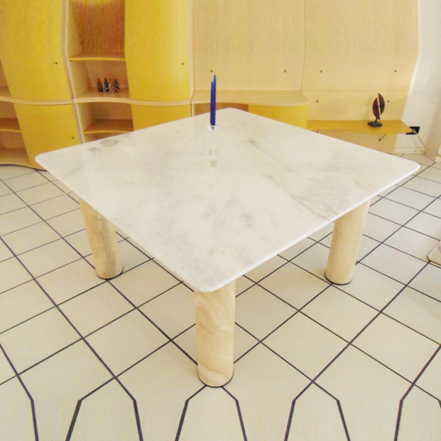 Polished 1981 Large Square Dining Table White Marble and Travertine, Sormani, Italy