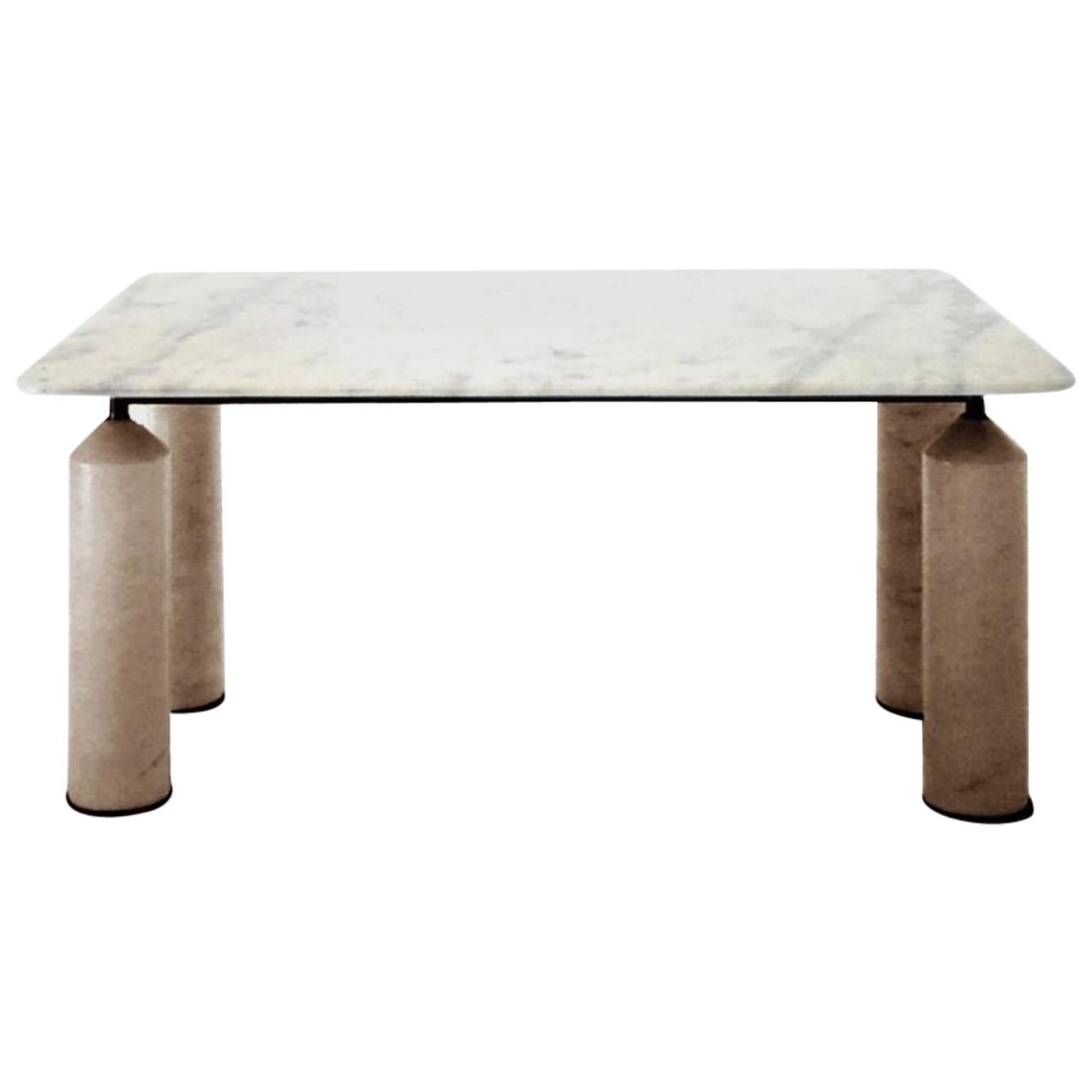 1981 Large Square Dining Table White Marble and Travertine, Sormani, Italy
