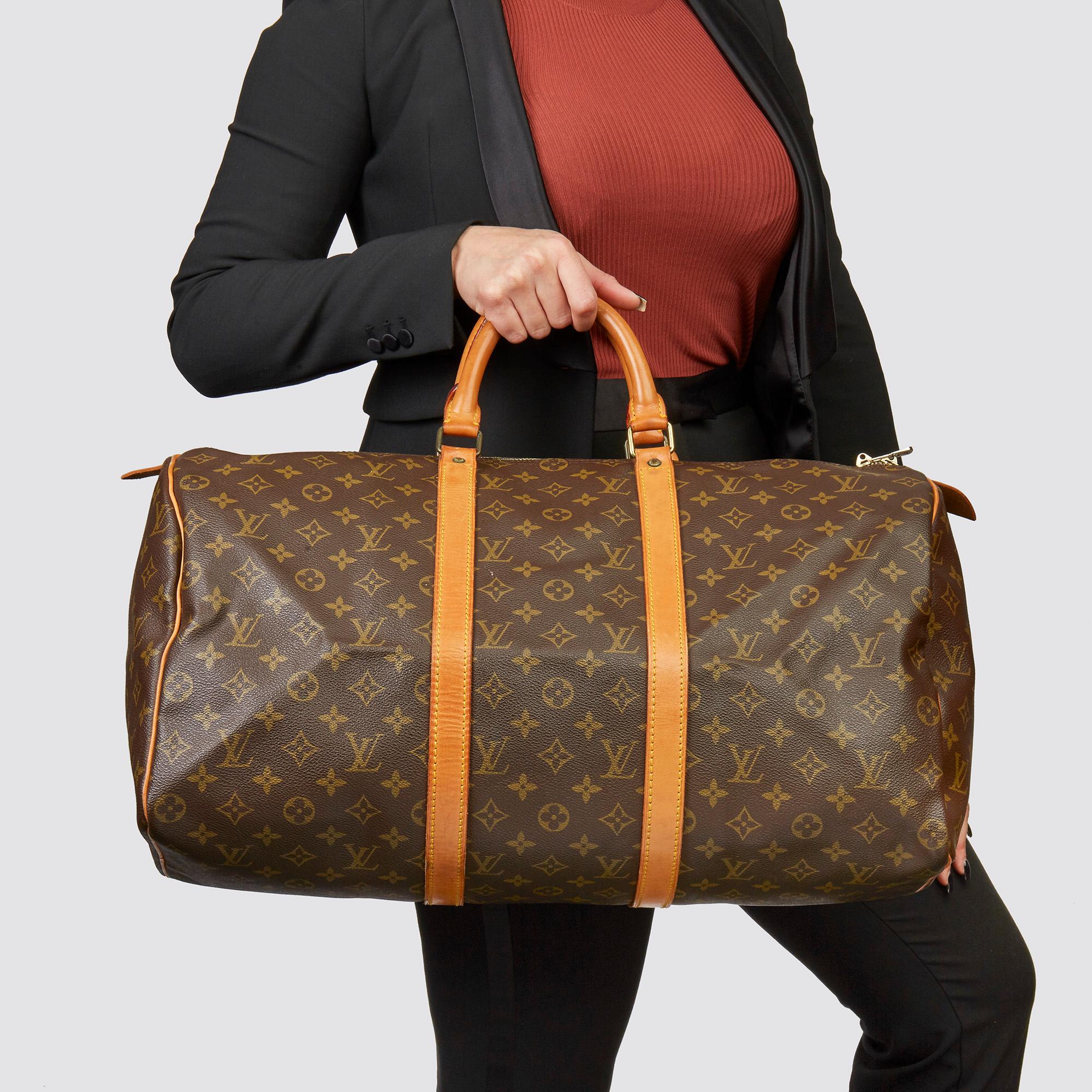 LOUIS VUITTON
Brown Monogram Coated Canvas & Vachetta Leather Vintage Keepall 50

Xupes Reference: HB3579
Serial Number: VI871
Age (Circa): 1981
Authenticity Details: Date Stamp (Made in France) 
Gender: Unisex
Type: Travel

Colour: Brown
Hardware: