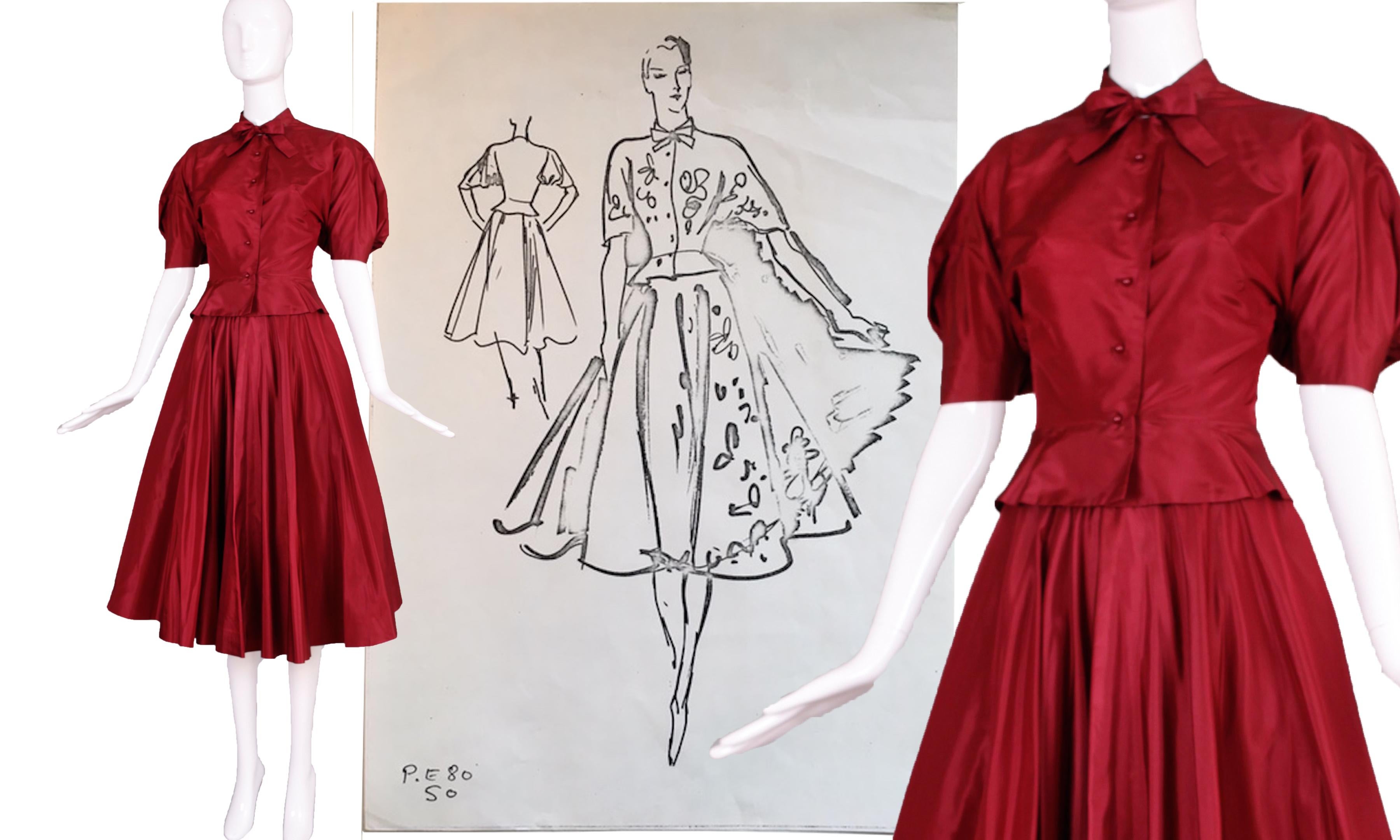 Red 1981 Madame Gres Haute Couture Silk Taffeta Skirt & Blouse Ensemble w/Shoes For Sale