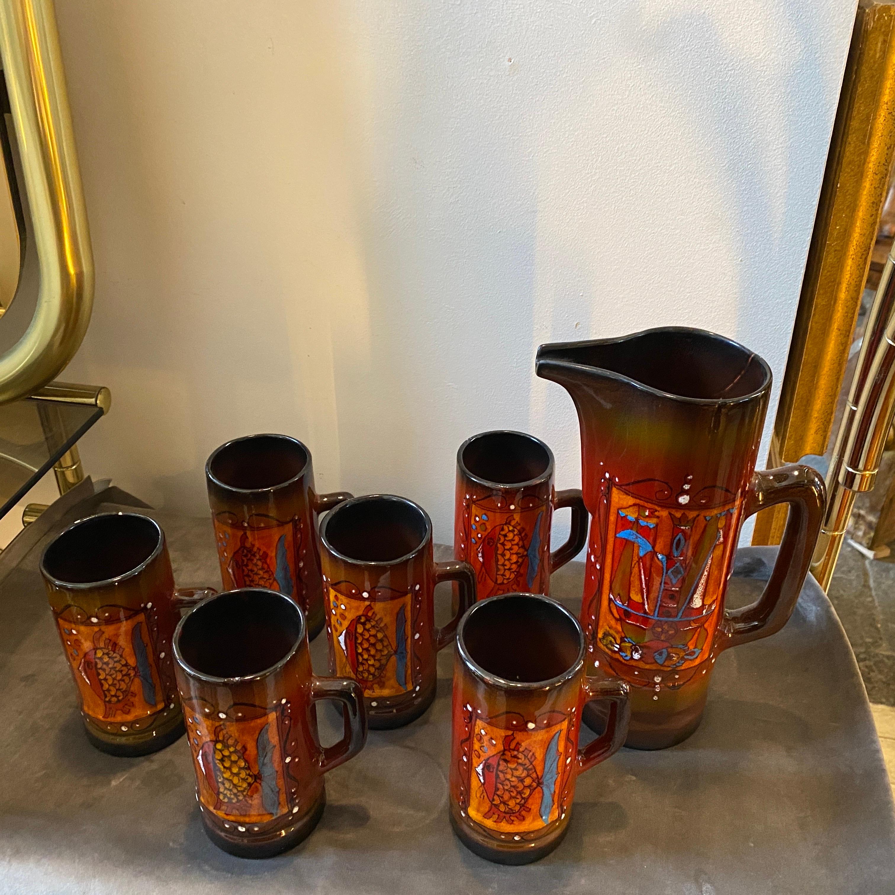 1981 Modernist Hand-Painted Ceramic Sicilian Cocktail Set by La Maga In Good Condition In Aci Castello, IT