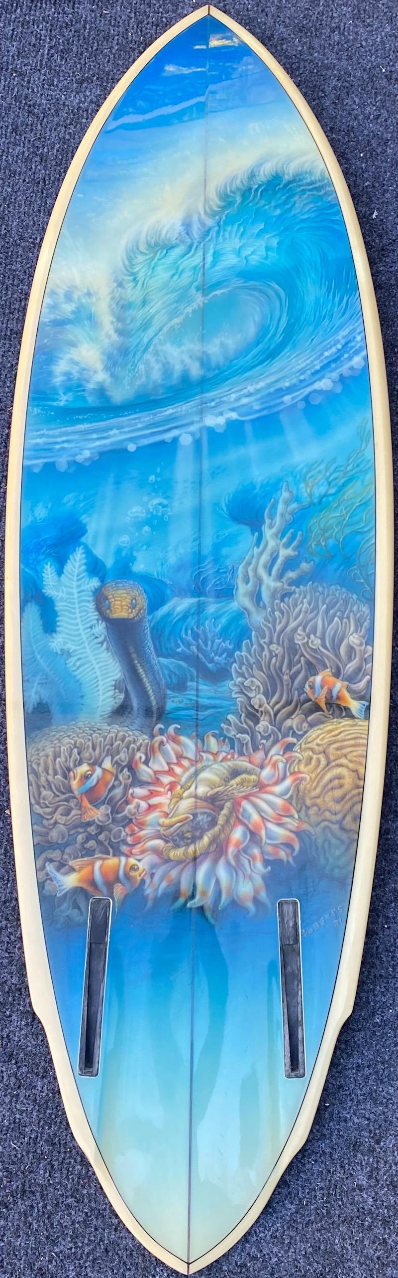 1981 Phil Roberts Mural Artwork on M.T.B. Twin Fin Surfboard In Good Condition In Haleiwa, HI