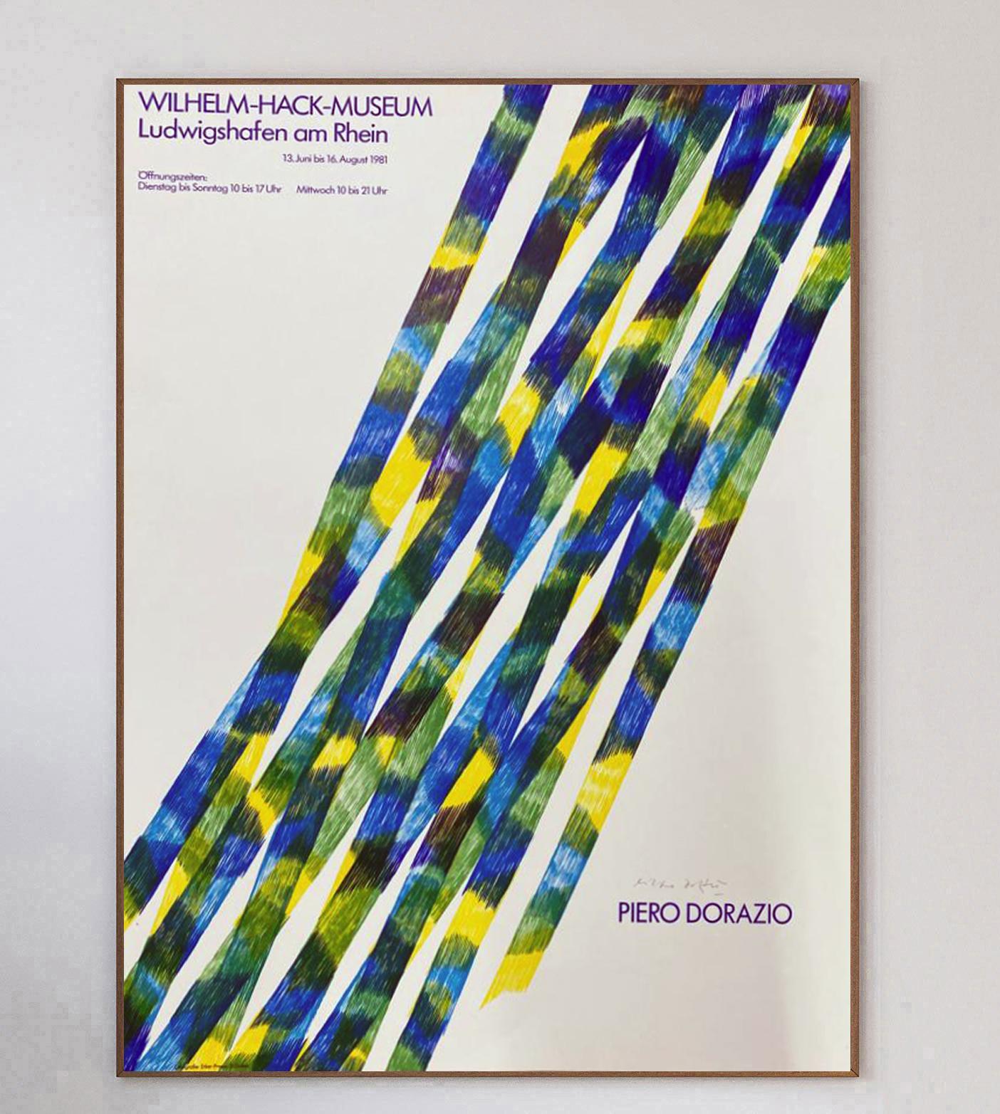 Brilliant poster promoting an exhibition at the Wilhelm Hack-Museum in Ludwigshafen in western Germany for Italian abstract painter Piero Dorazio. The exhibition ran from June to August 1981 and featured many of the artists wonderful & vibrant works