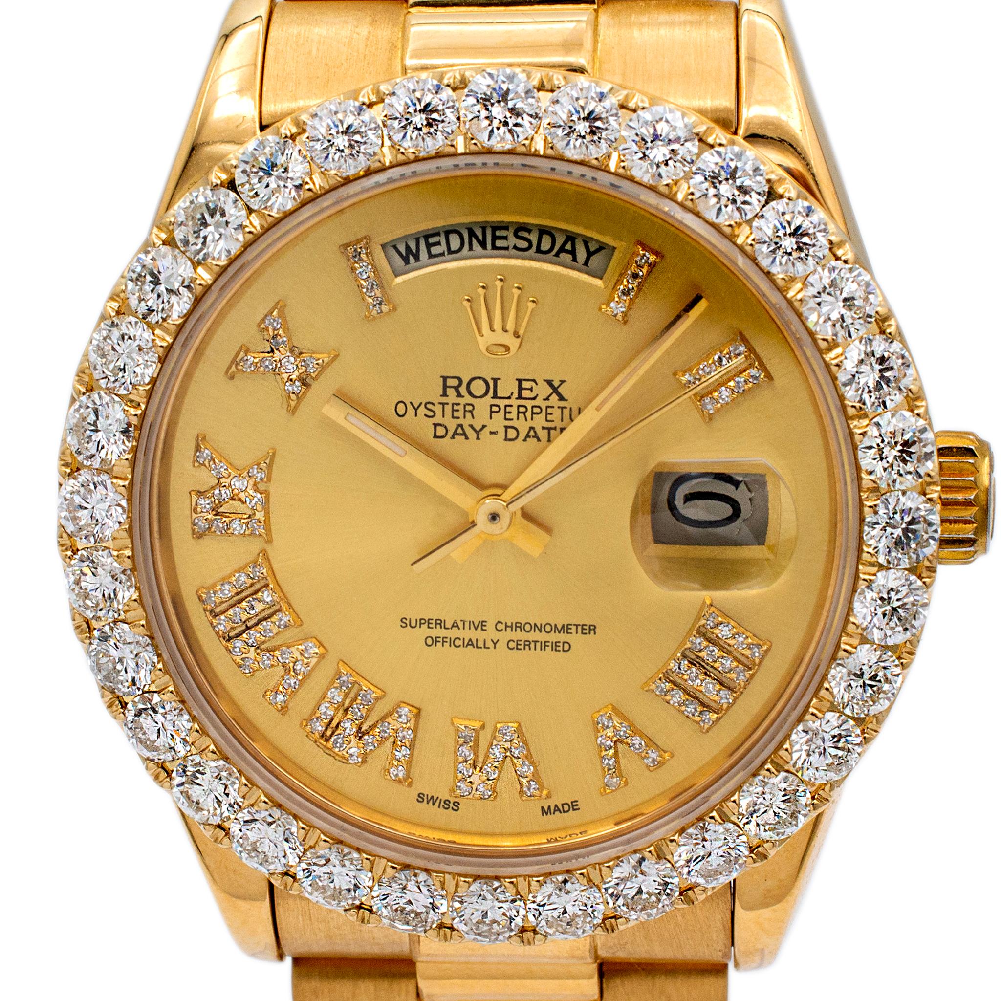 Brand: Rolex
Gender: Mens
Metal Type: 18K Yellow Gold
Length: 6.75 inches
Weight: 131.70 Grams
18K yellow gold diamond ROLEX Swiss made watch with original box and is equipped with a hidden deployment clasp.. The 
