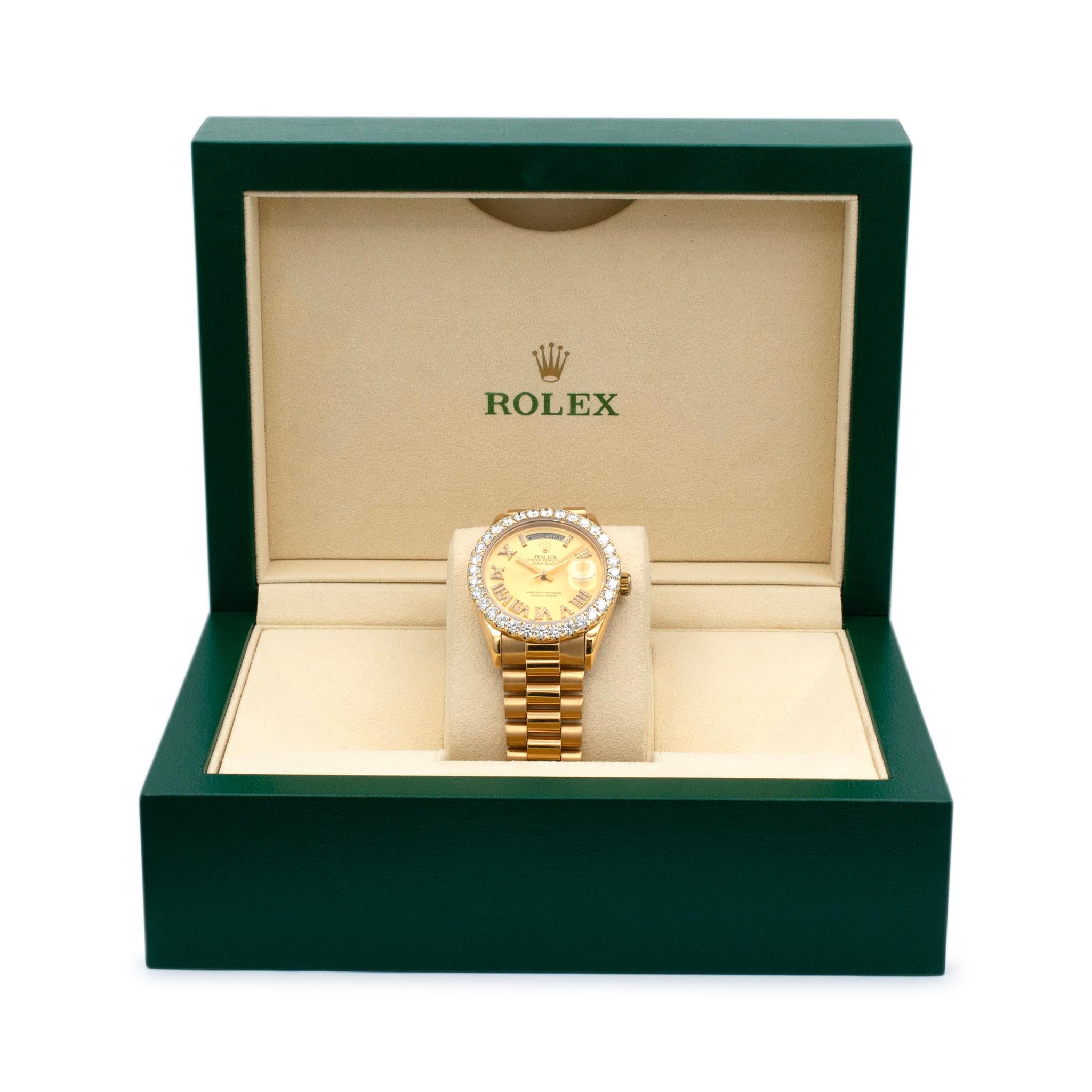 1981 Rolex Day-Date 36mm 18038 Diamond Dial Bezel 18K Yellow Gold Watch In Excellent Condition In Houston, TX