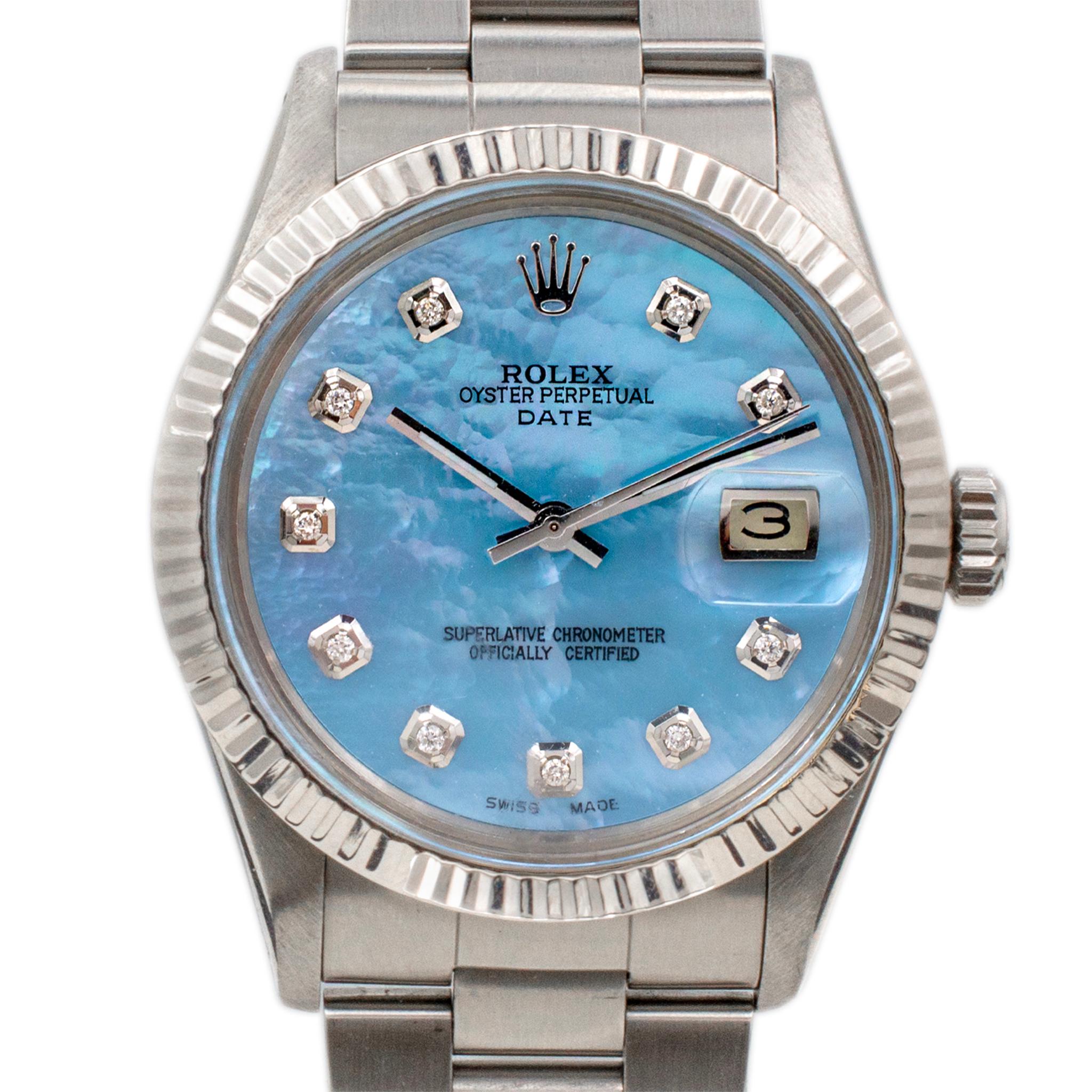 Brand: Rolex

Gender: Unisex

Metal Type: Stainless Steel

Diameter: 34.00 mm

Weight: 90.40 Grams

Stainless steel diamond ROLEX Swiss made watch. The metal was tested and determined to be stainless steel. The 