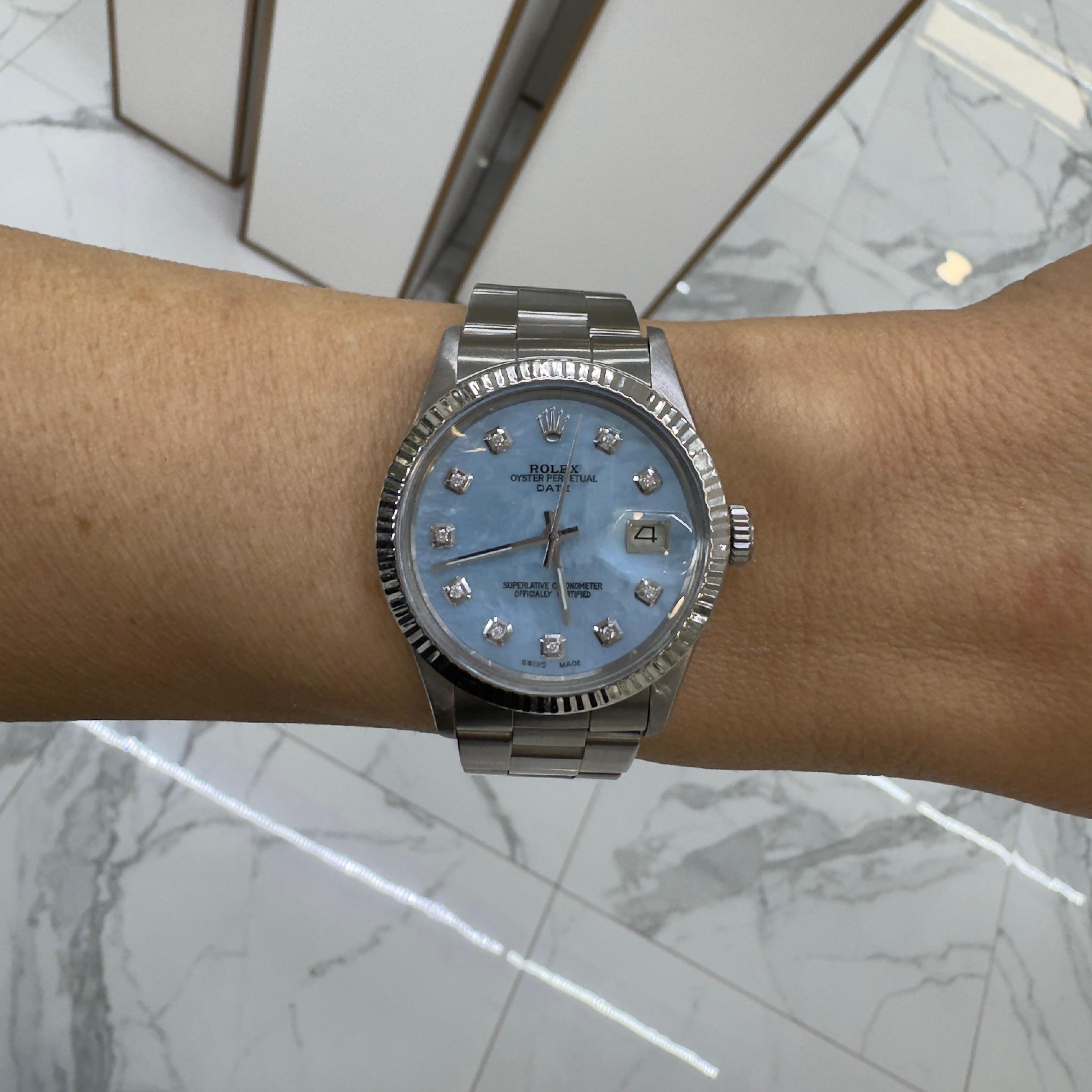 1981 Rolex Oyster Perpetual Date 34MM 15010 Mop Diamond Dial Oyster Steel Watch For Sale 2