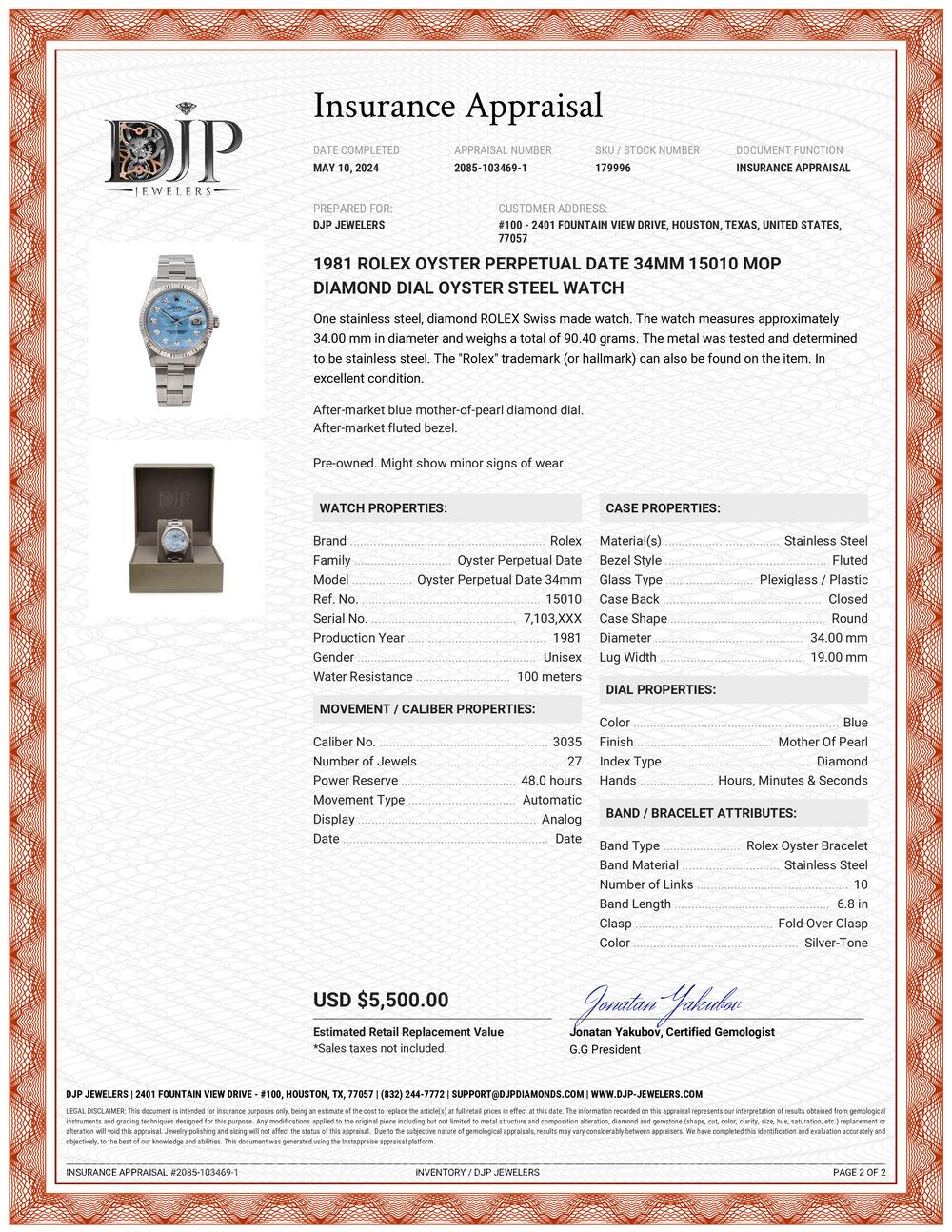 1981 Rolex Oyster Stahluhr Oyster Perpetual Date 34MM 15010 Mop Diamant-Zifferblatt 3