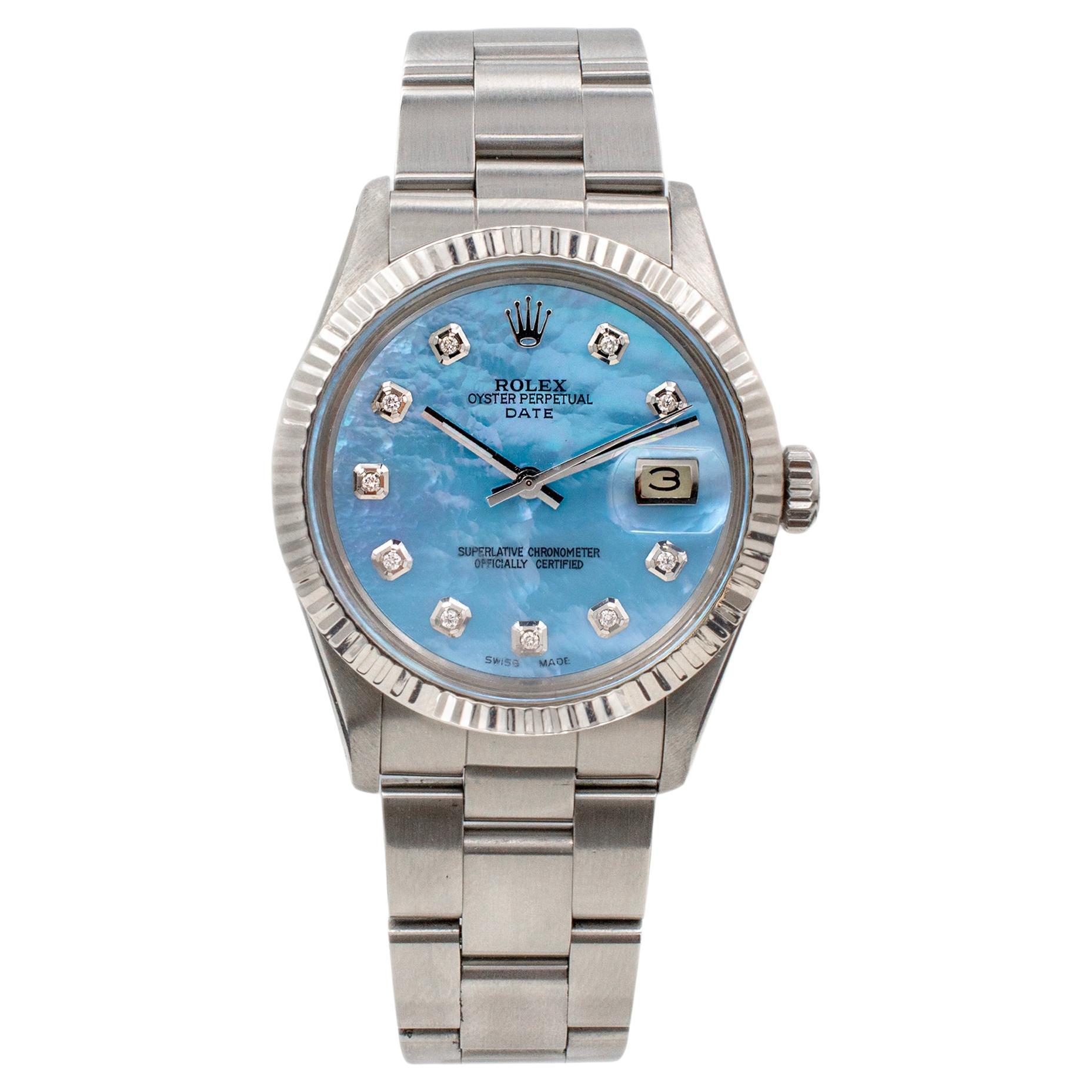 1981 Rolex Oyster Perpetual Date 34MM 15010 Mop Diamond Dial Oyster Steel Watch For Sale