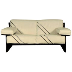 1981 Sormani White Leather Two-Seater Sofa with Black Inlays and Structure Italy