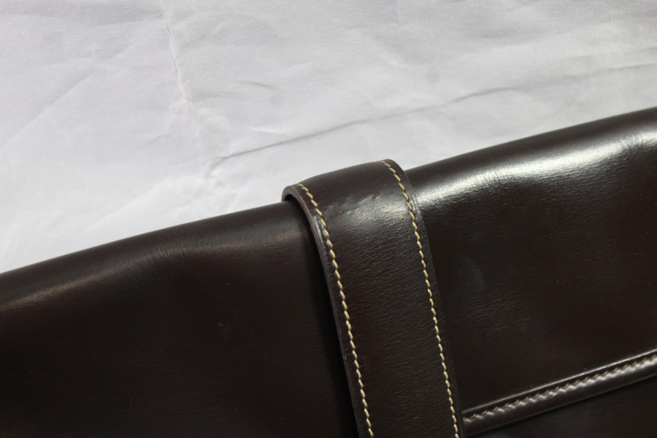 Black 1981 Vintage Hermes Jige GM Clutch in Brown Dark Box Leather