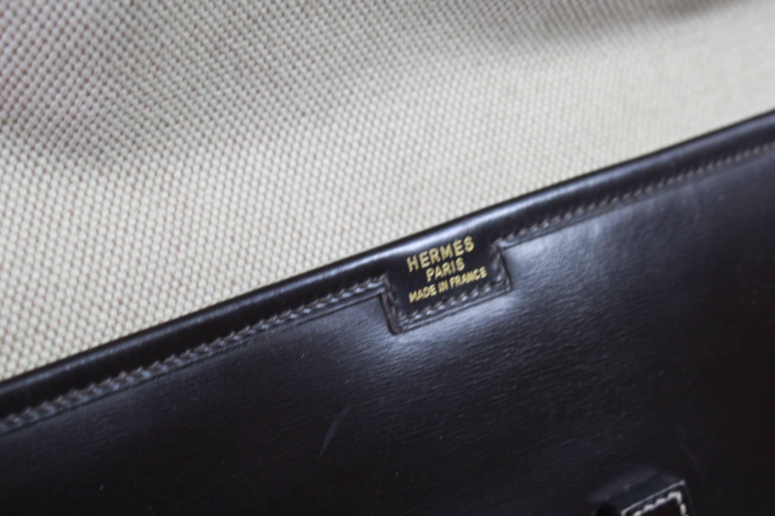 1981 Vintage Hermes Jige GM Clutch in Brown Dark Box Leather In Excellent Condition In Paris, FR