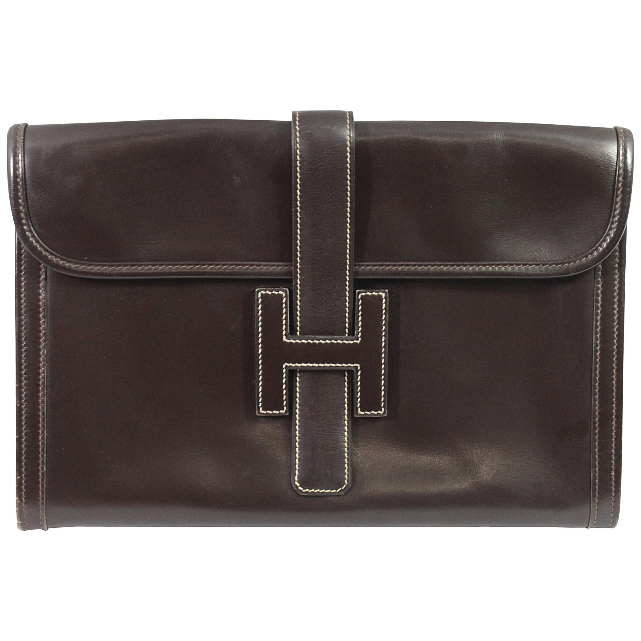 1981 Vintage Hermes Jige GM Clutch in Brown Dark Box Leather