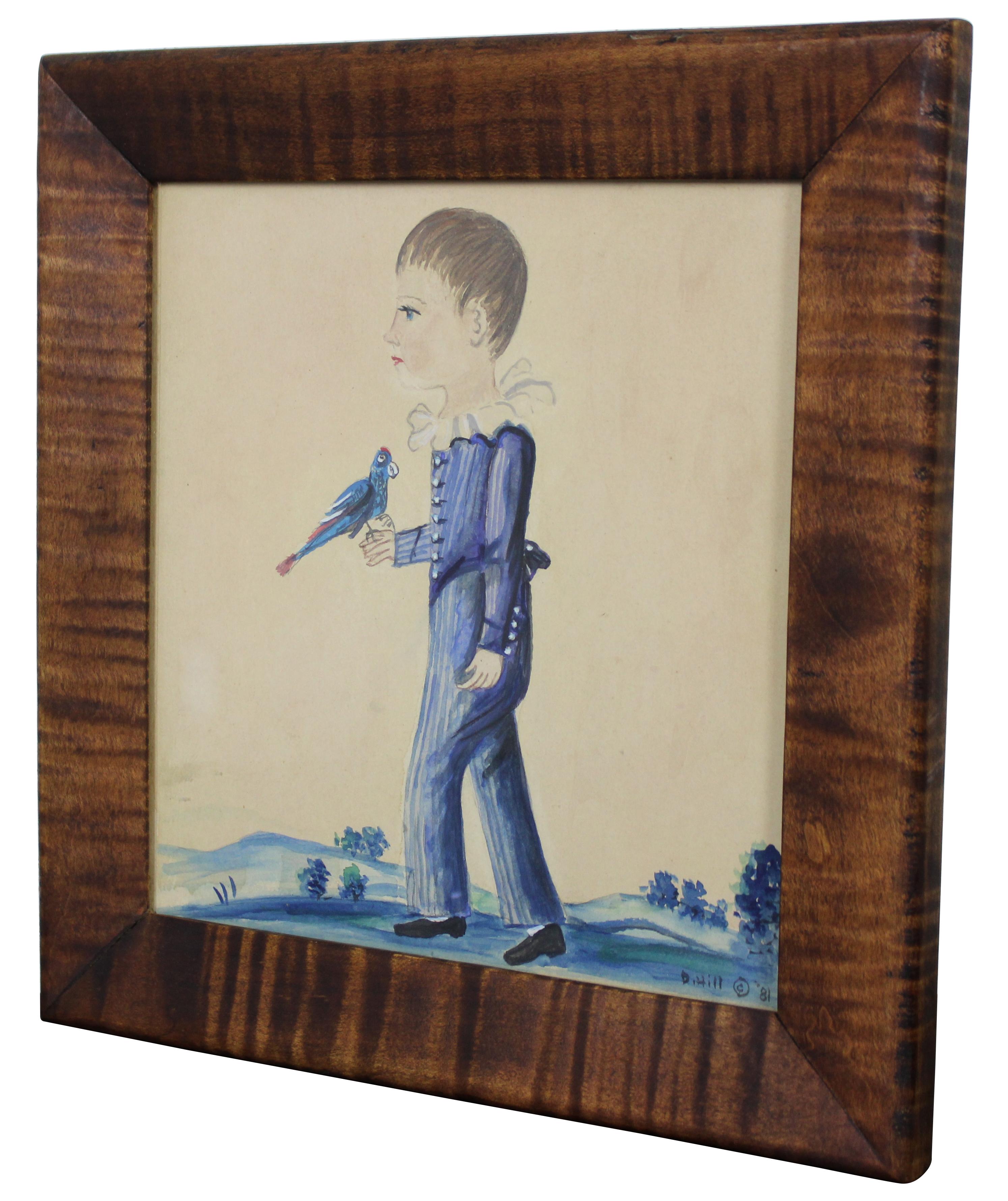 Vintage 1981 Folk Art style watercolor portrait painting of a young boy in blue holding a blue bird or parrot. Signed D. Hill in lower right corner.

Measures: 10.5” x 0.75” x 11” / Sans Frame - 7.5” x 8” (Width x Depth x Height).