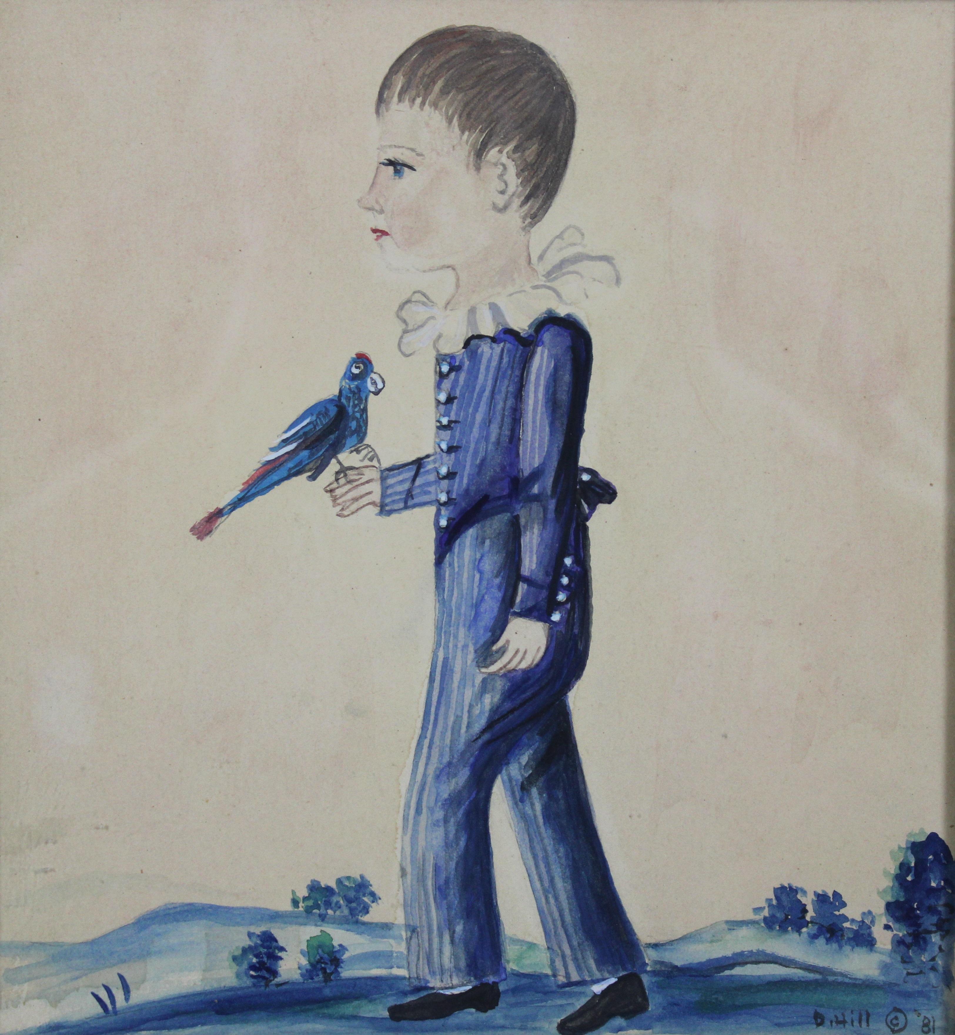 Late 20th Century 1981 Vintage Watercolor Portrait Painting Boy in Blue W Bird Parrot D Hill