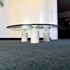 1981 White Marble Coffee Table with Round Glass Top, Italy