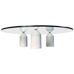 1981 White Marble Coffee Table with Round Glass Top, Italy