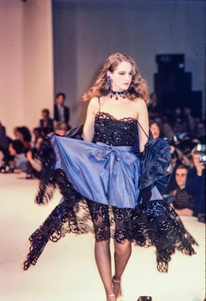 1981 YVES SAINT LAURENT lace and taffeta periwinkle runway dress with sequins  1