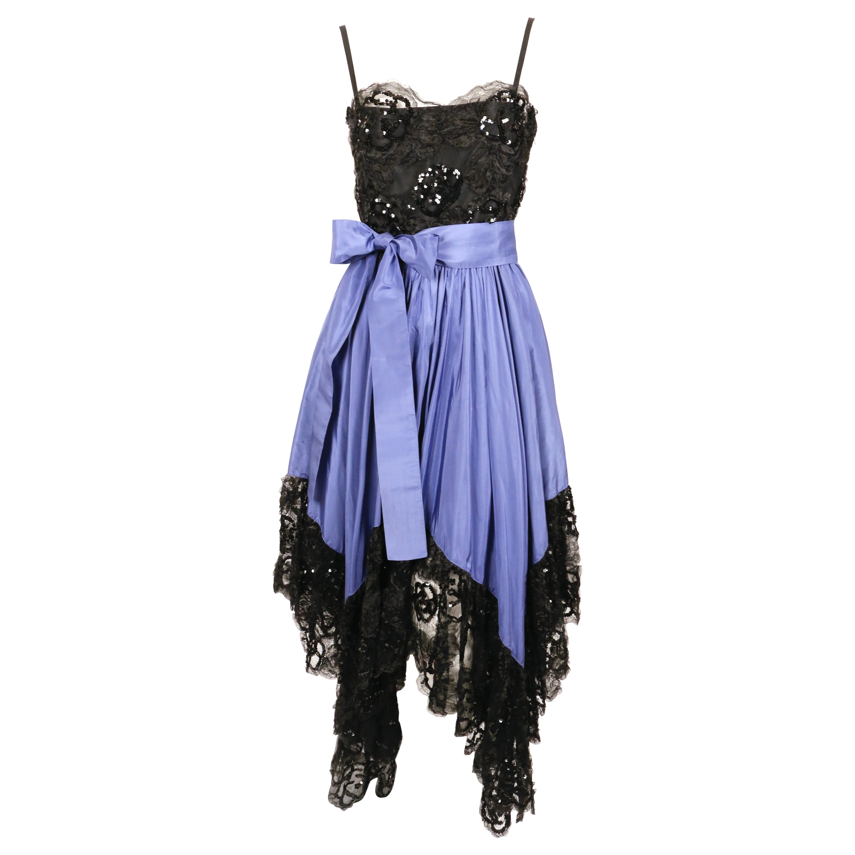 1981 YVES SAINT LAURENT lace and taffeta periwinkle runway dress with sequins
