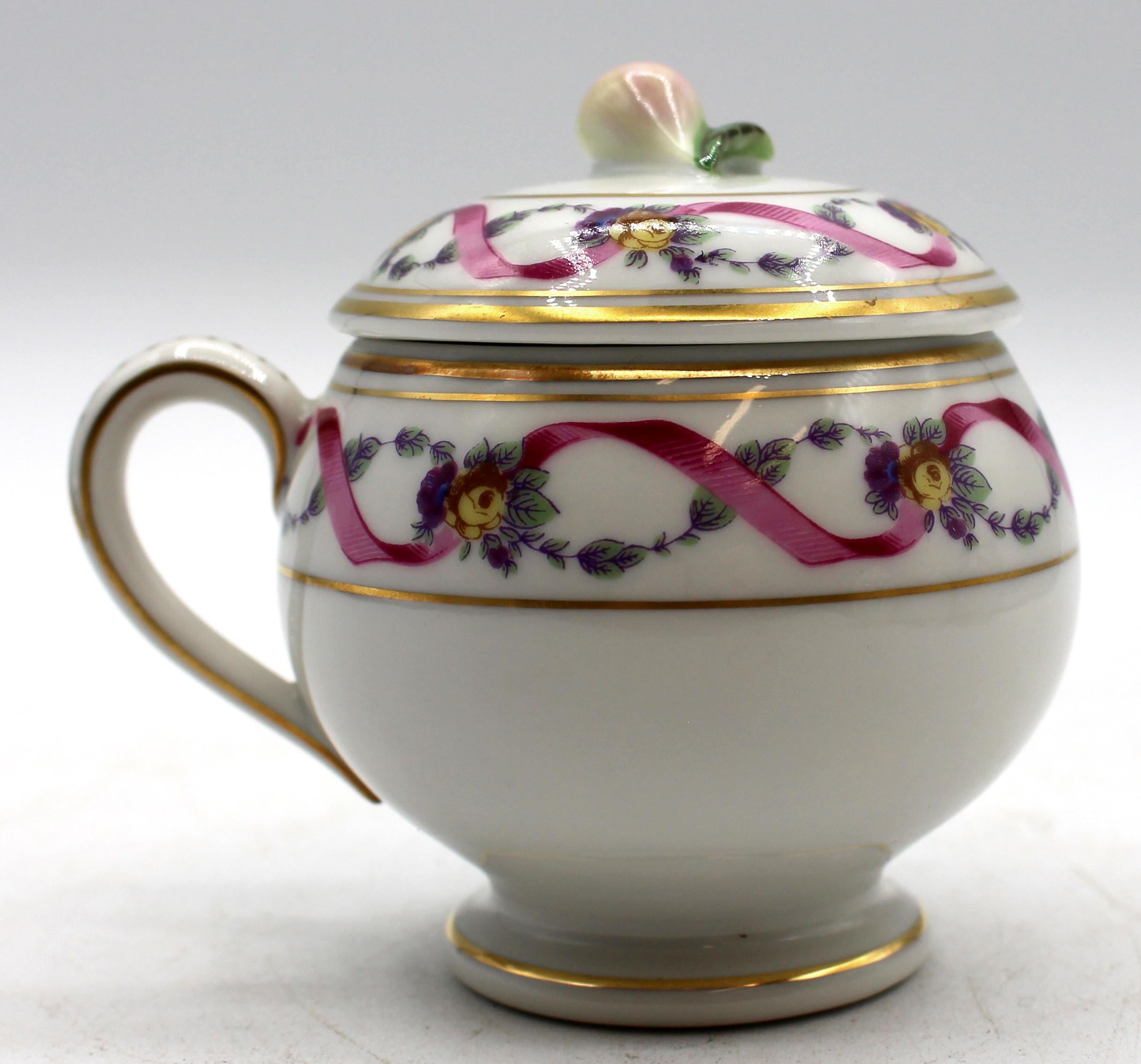 1982-2006 Set of 4 Covered Porcelain Pot de Cremes by Richard Ginori. Rapallo pattern in Empire taste - rare form & pattern, very elegant. 3.5