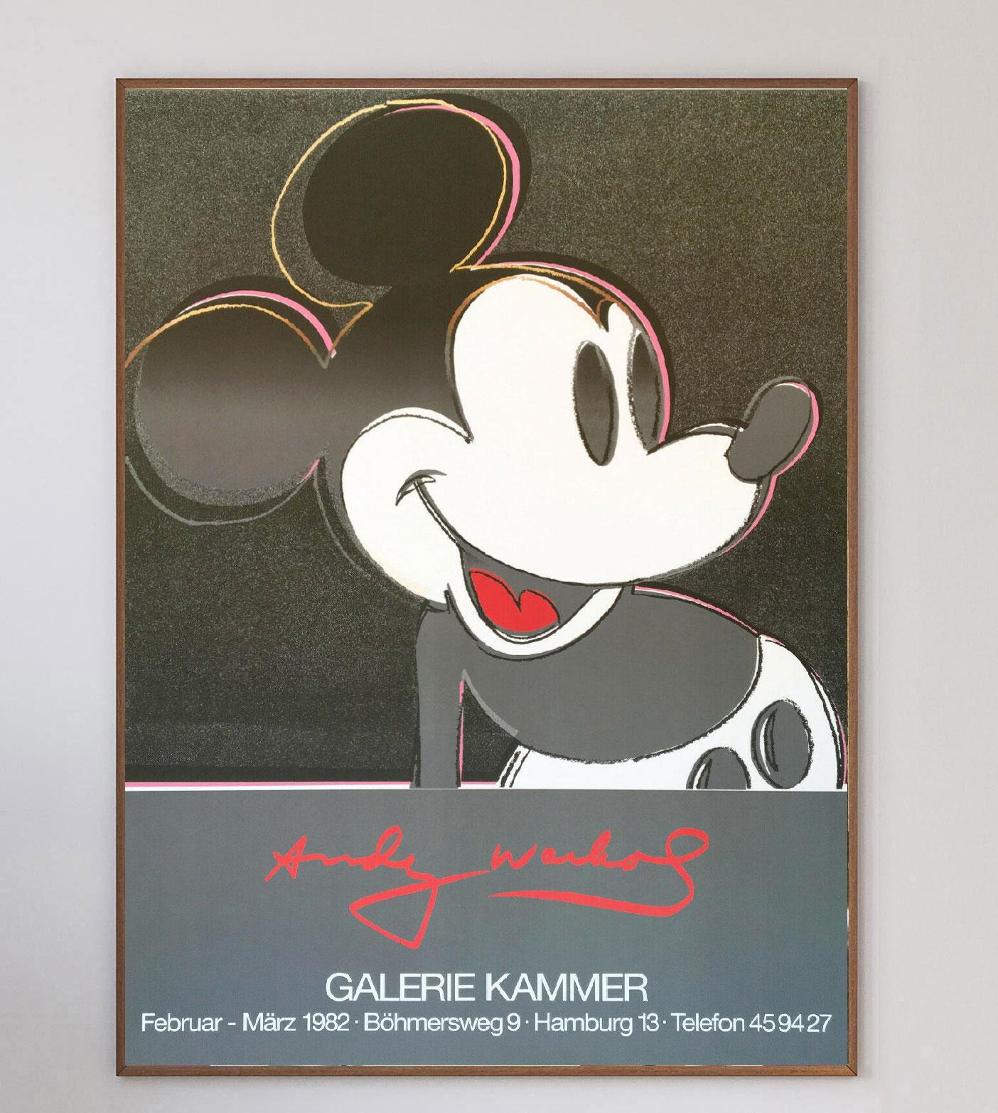Extremely limited offset-lithograph poster for a 1982 exhibition at the Galerie Kammer in Hamburg, Germany for Andy Warhol. Featuring the iconic design of Warhol's Mickey Mouse, this stunning piece is in mint condition.

With his work centering