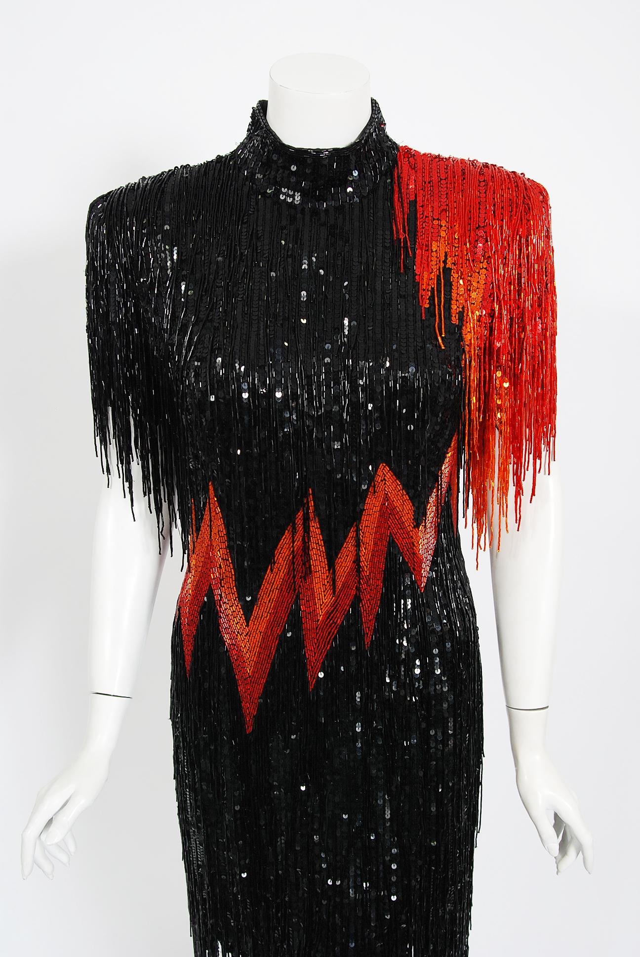 Fierce fully-beaded sequin Bob Mackie designer dress dating back to the early 1980's. Mackie began his career as a Hollywood costuming sketch artist, working for both Edith Head and Jean Louis. While working with designer Ray Aghayan, Mackie soon