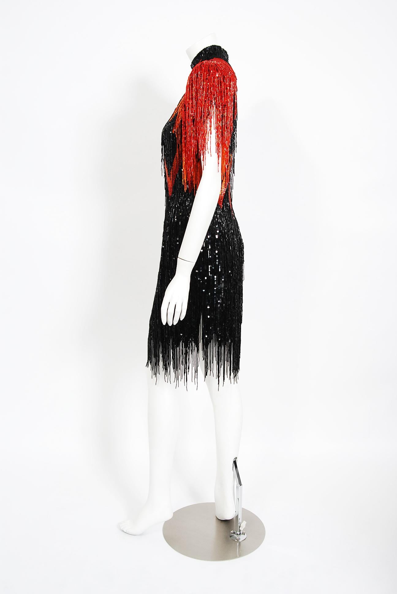 Vintage 1982 Bob Mackie Couture Lightning Bolt Black & Red Beaded Fringe Dress In Good Condition In Beverly Hills, CA